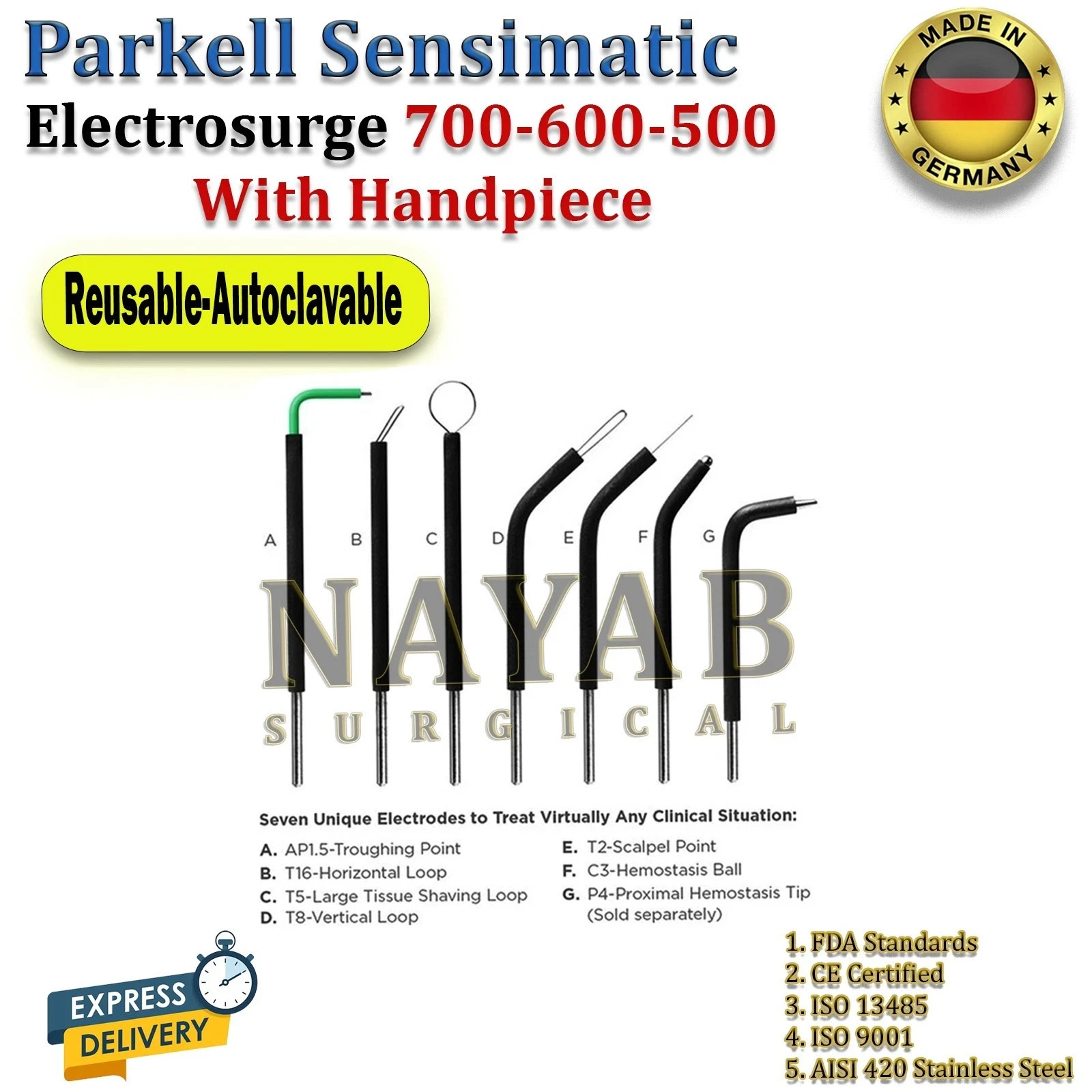 Parkell Sensimatic 500-600-700 Electrosurge Black Handpiece and 7 Pcs Tips CE