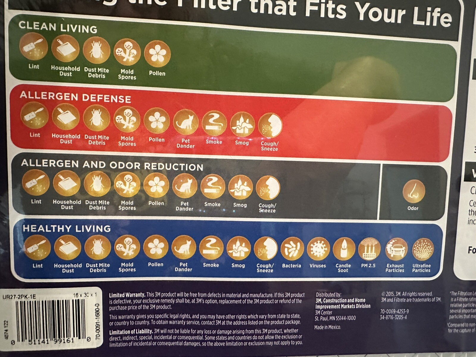 Filtrete 16x30x1 AC Furnace Air Filter MPR 1500 Healthy Living, Sealed Package