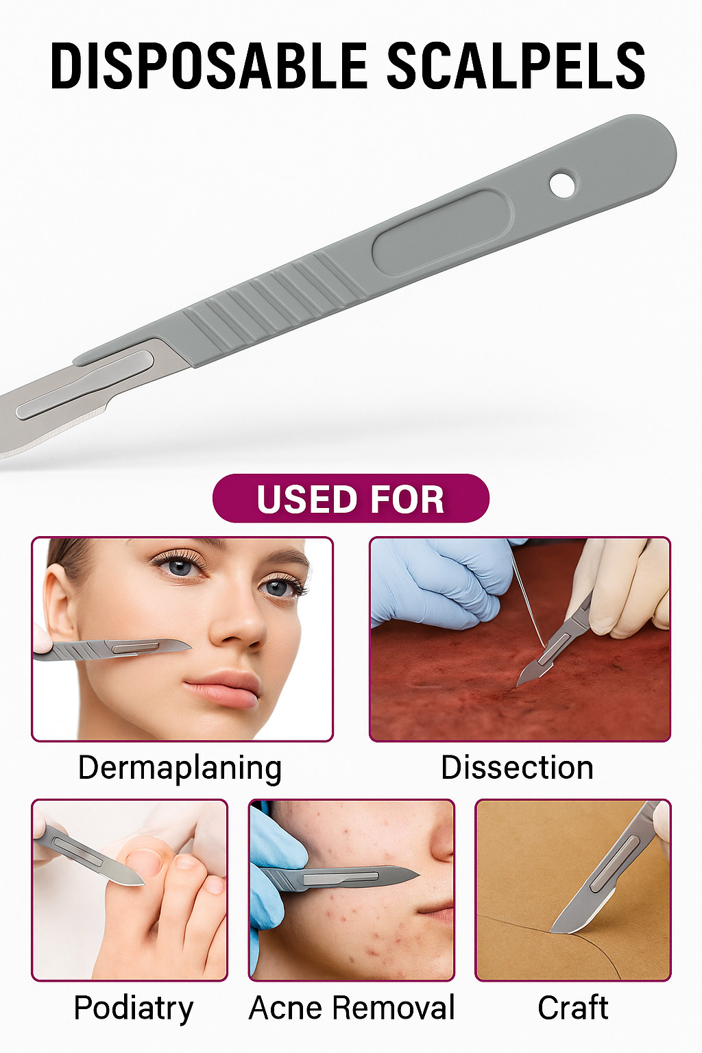 10PC DISPOSABLE SCALPELS #22-SINGLE USE – DISSECTING, SURGICAL, DERMAPLANING