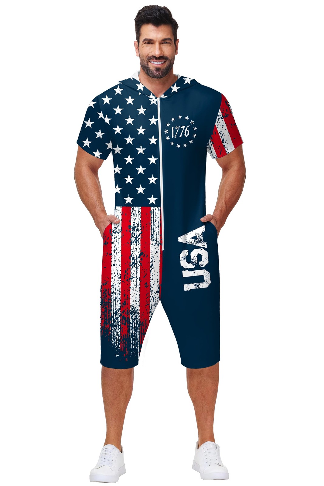 Arankhiger Mens 4Th Of July Jumpsuit Patriotic Stars Stripes Zip Rompers Usa