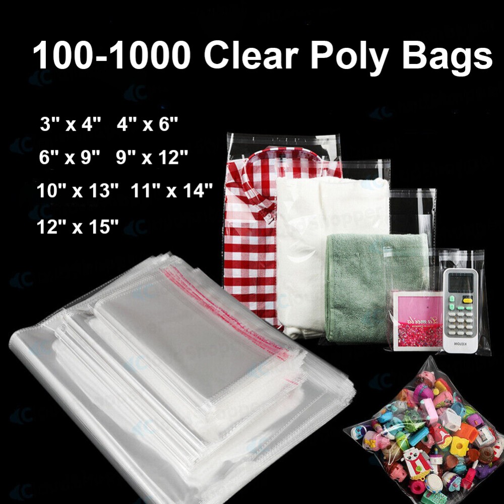 100-1000 Clear Poly Bags Resealable T-Shirt/Apparel Self Sealing Cello Bag 7Size