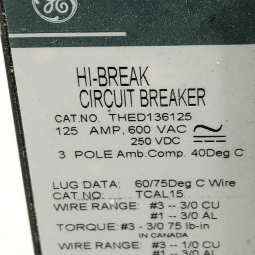 New General Electric THED136125 Circuit Breaker 125A 600VAC 250VDC 3P Model 3