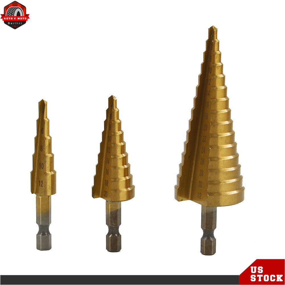 3 Pcs HSS Step Drill Bit Set Titanium Coated High-Speed Steel Cone Drill Bit