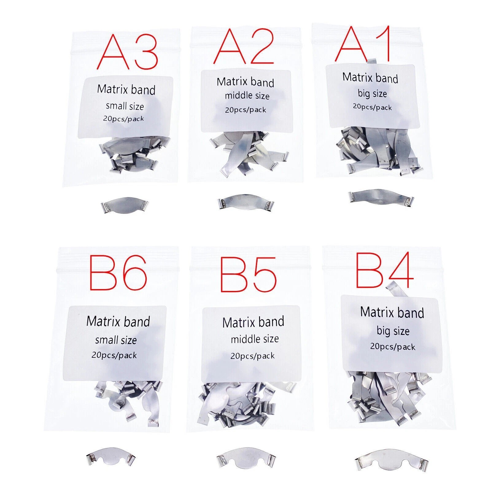 20 Pcs/Pack Dental Metal Saddle Contoured Matrices Matrix Band/Springclip 6 Size