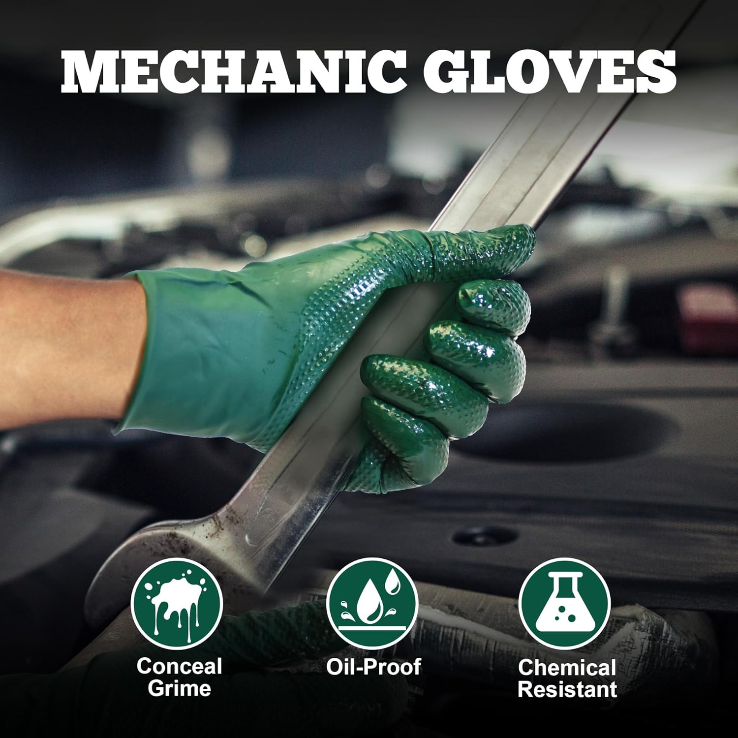Heavy Duty Nitrile Gloves, 6 Mil Dark Green Raised Diamond Texture, Mechanic Dis