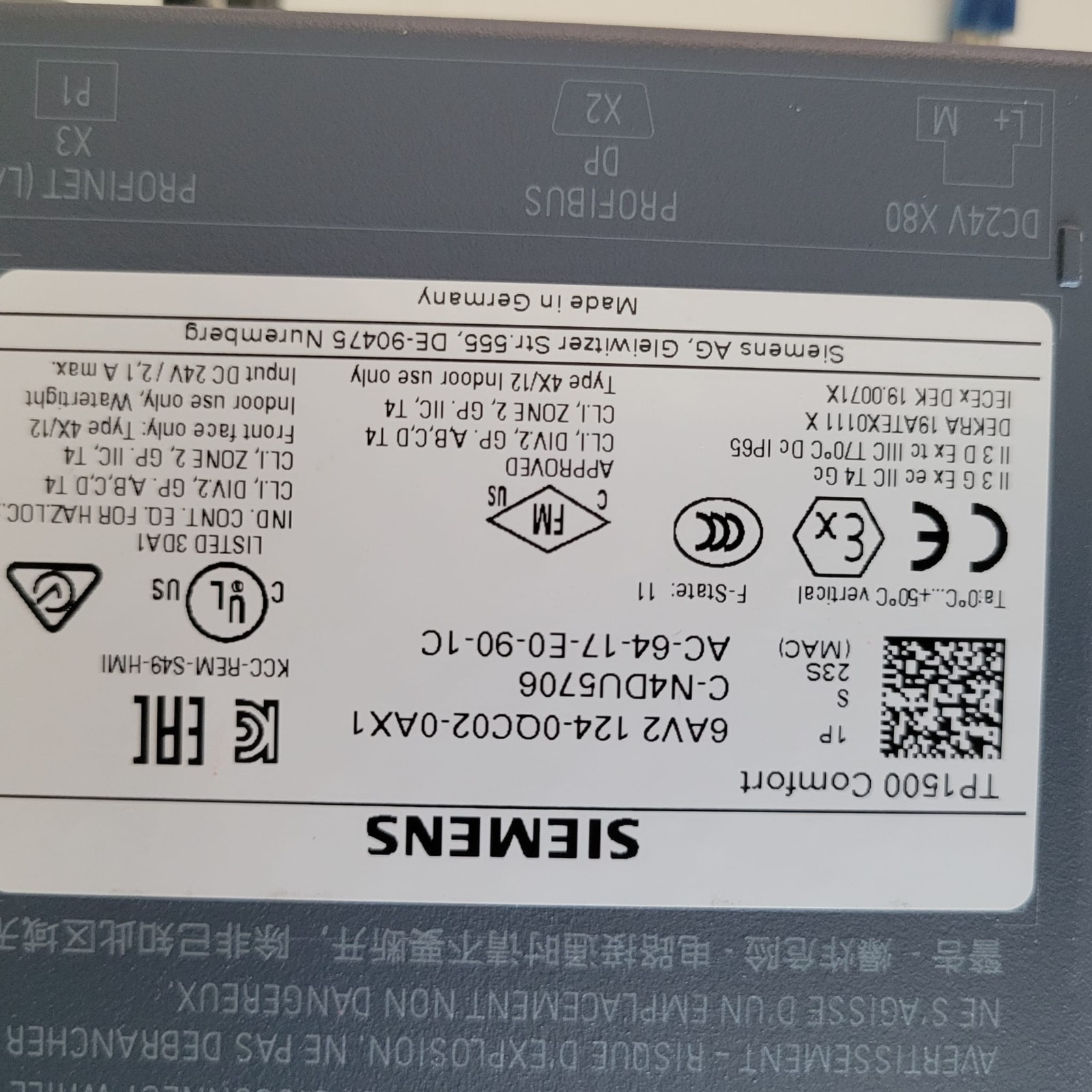 Siemens SIMATIC TP1500 Comfort HMI 6AV2124-0QC02-0AX1 15″ Touch Panel
