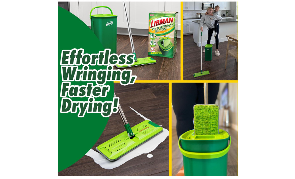 Libman Rinse N Wring Mop and Bucket Microfiber Floor Cleaning System 2 Pads