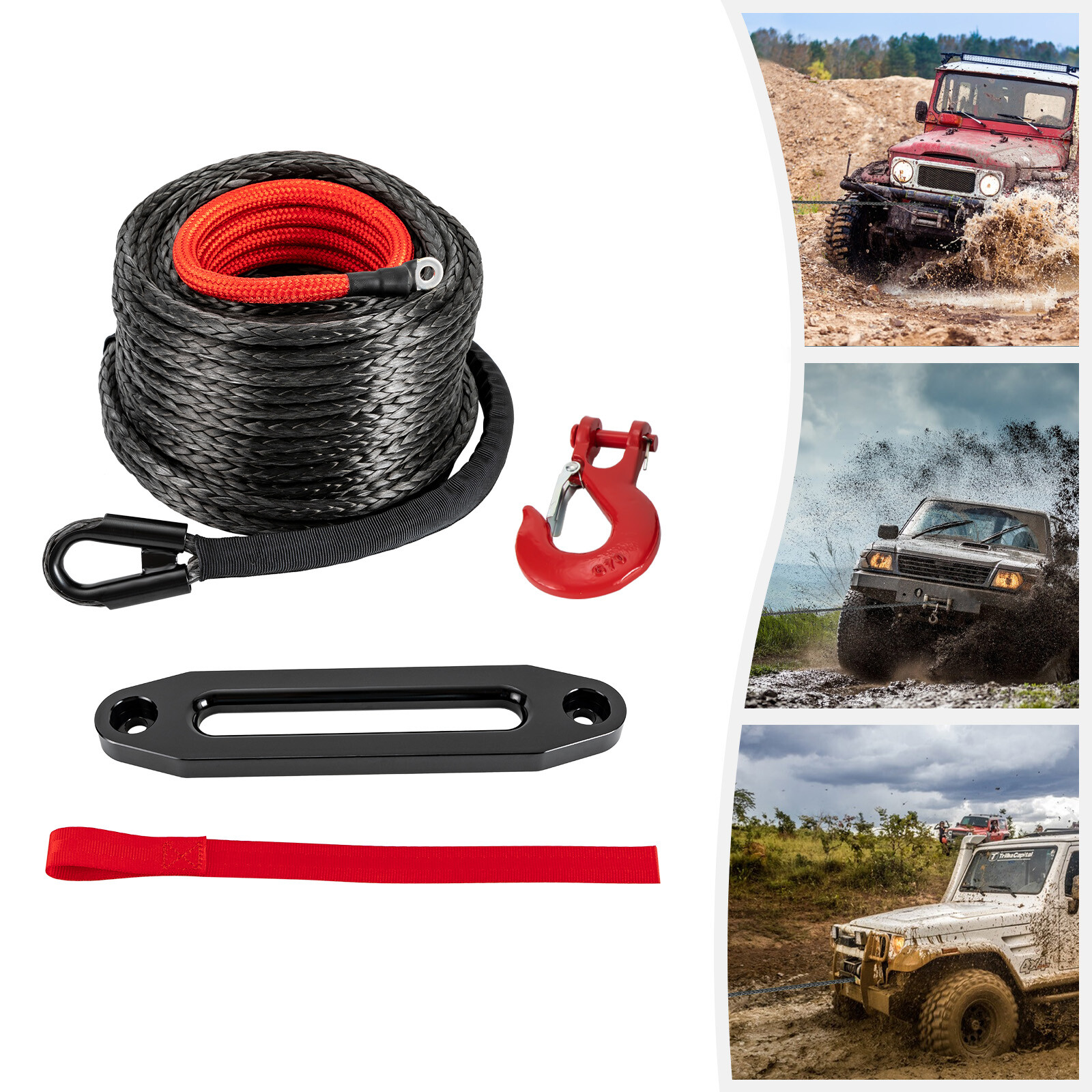 Lightweight Synthetic Winch Rope with Hook – 23809 lbs Breaking Strength