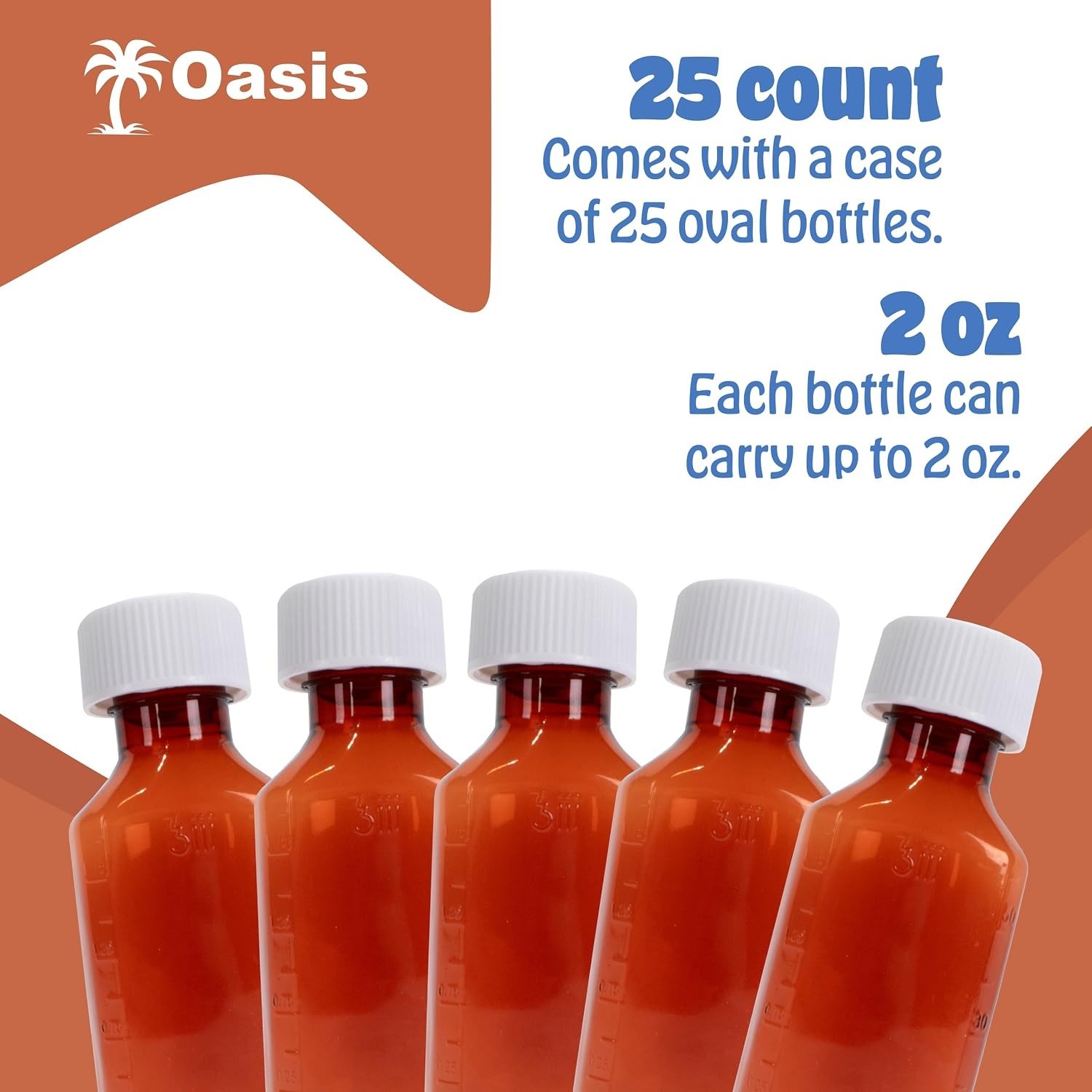 Plastic Amber Oval Liquid Medicine Bottles, Child Resistant Cap, 2oz, 25 Count