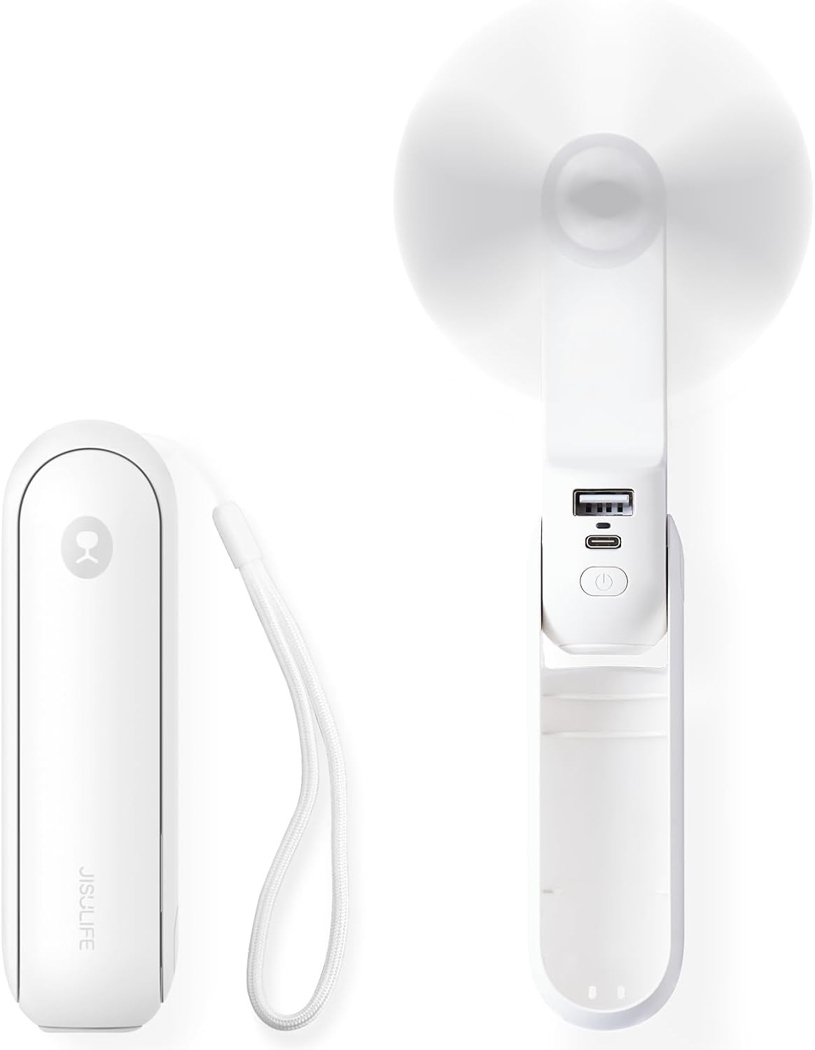 JISULIFE Mini Handheld Fan: 3-in-1, Power Bank & Flashlight, White