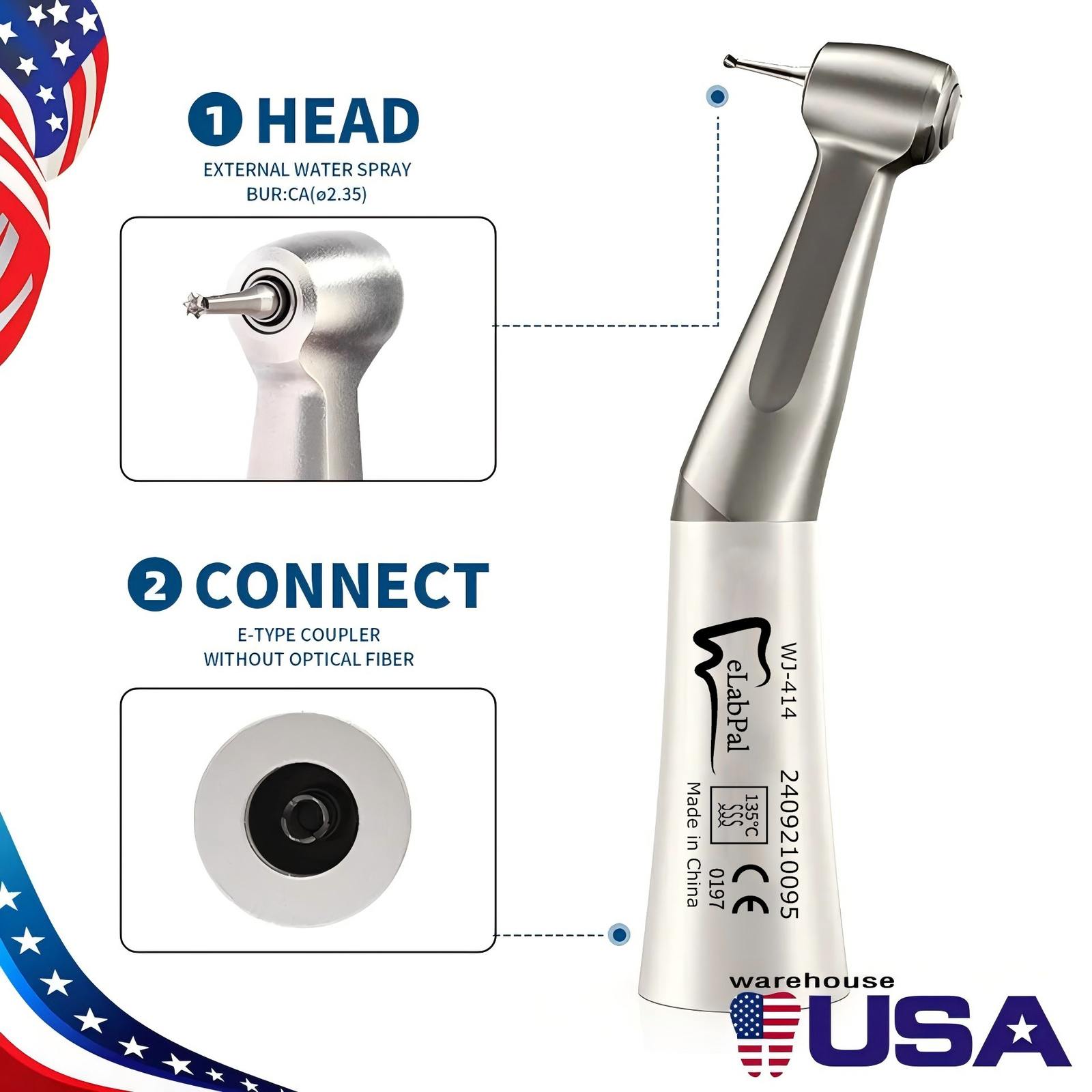 10Packs Dental Slow Low Speed Handpiece 1:1 Contra Angle Push Button E-Type US