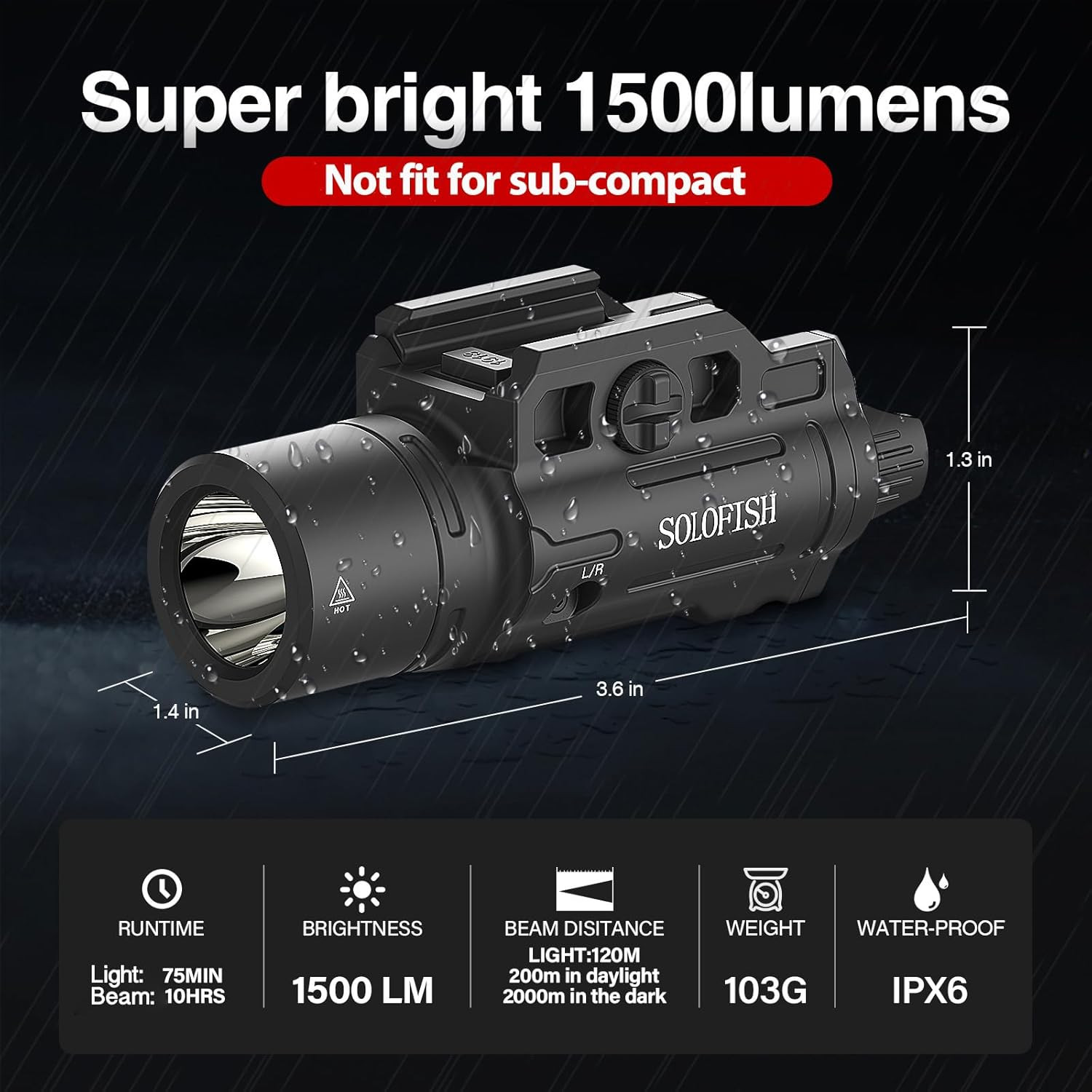 1500Lm Slidable Pistol Light and Green Beam Combo with Strobe/Momentary, Recharg