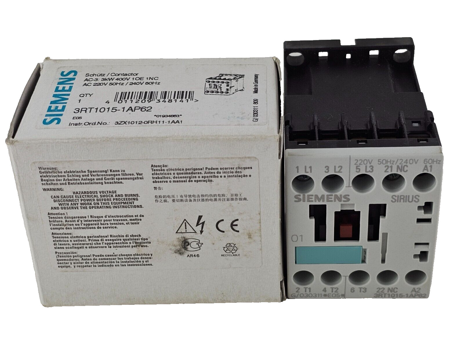 NEW Siemens 3RT1015-1AP62 Power Contactor, 3P, 7A, 3Kw, 3RT10151AP62