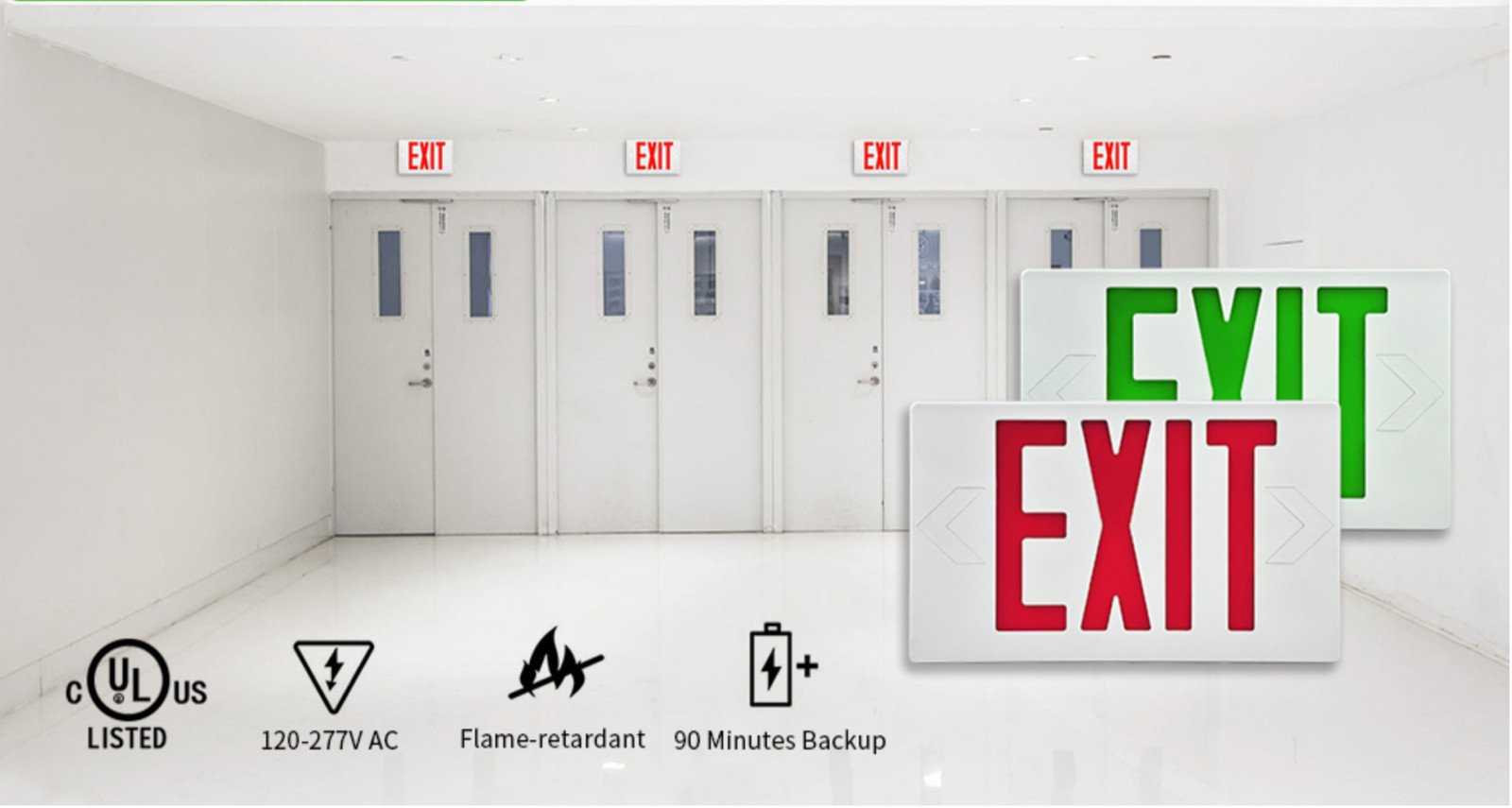GREEN LED Emergency Exit Light Sign – Battery Backup UL924 Fire (GREEN SIGN)