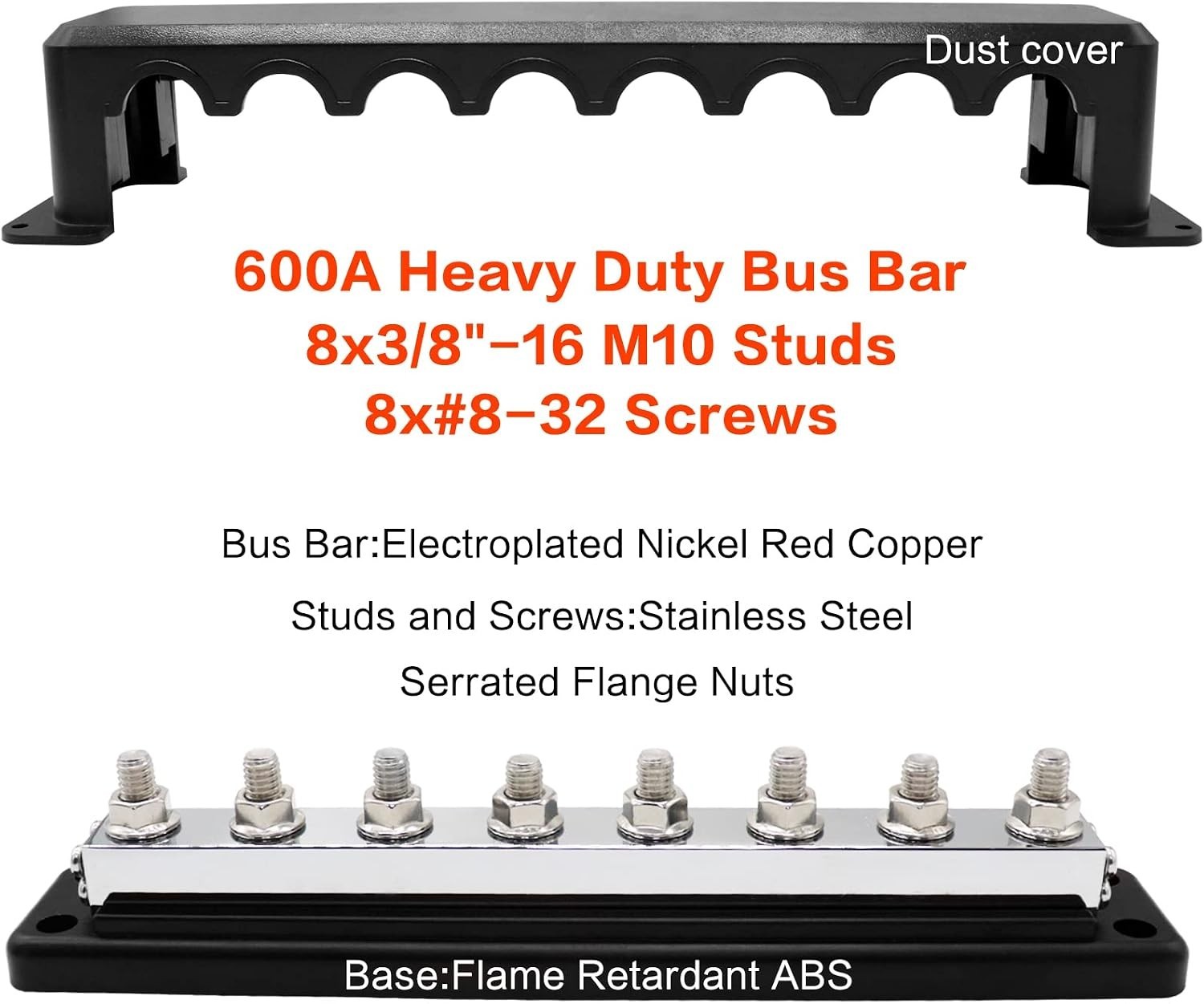 600A Battery Bus Bar 8 Way Copper Terminal Block M10 Studs with Cover Red Black