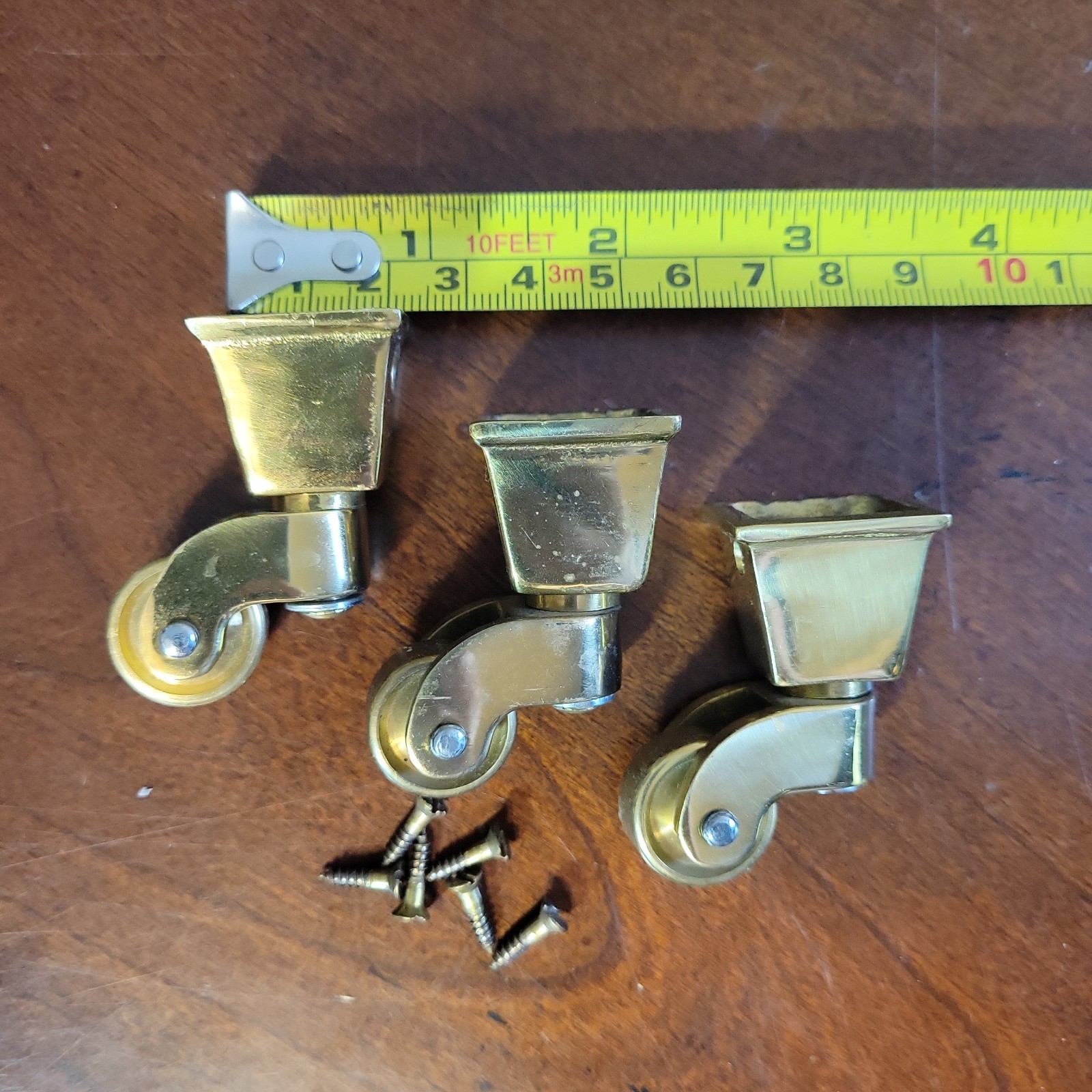 Set of 3 Brass Swivel Casters w Screws EXTRA Small 3/4″ Square Cup 2″ Tall Appx