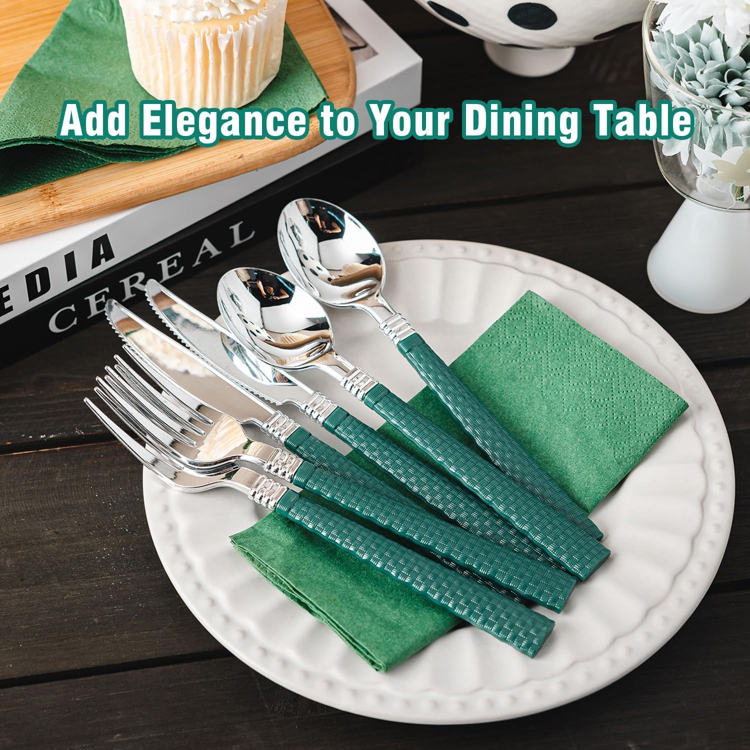 90pcs Silver and Green Disposable Silverware Set, Elegant Plastic Silverware