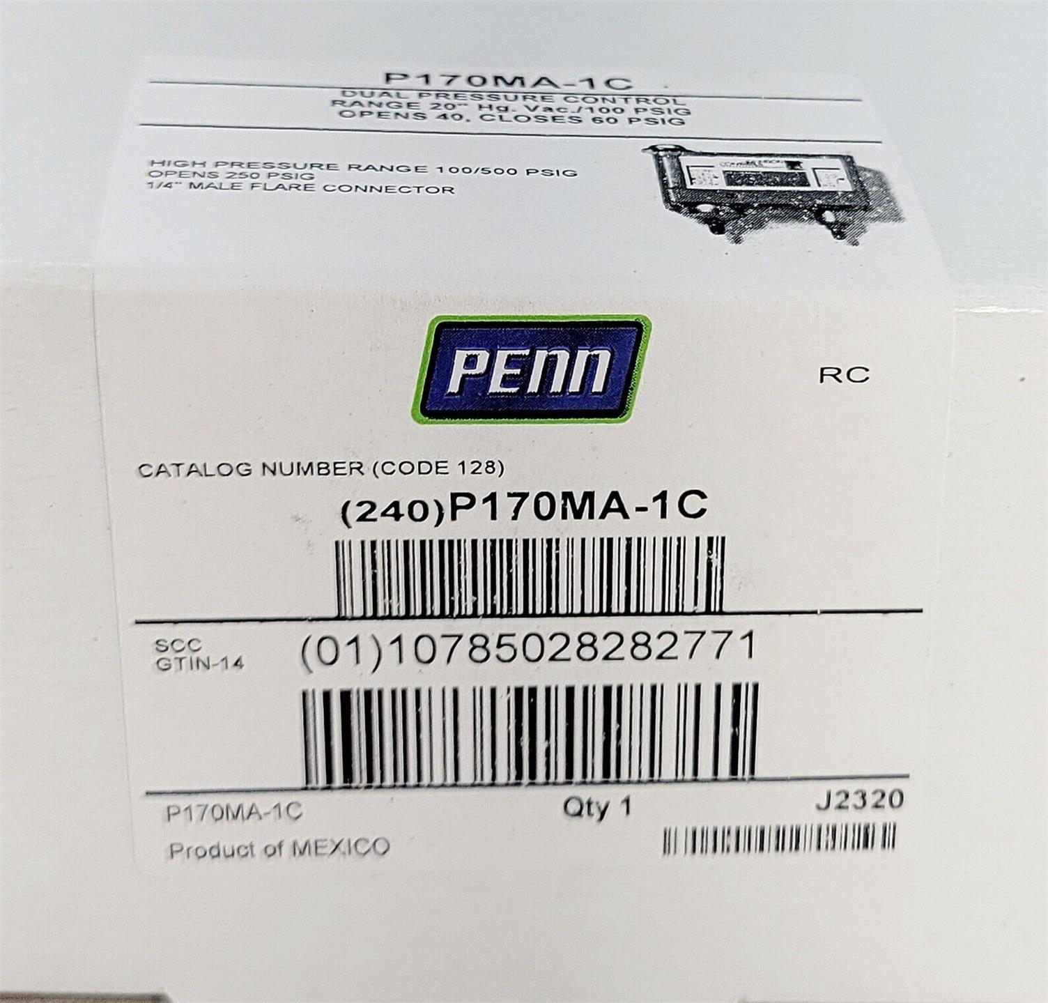 Johnson Controls P170MA-1C Dual Pressure Control SPST w/ Manual Reset LS 20-100