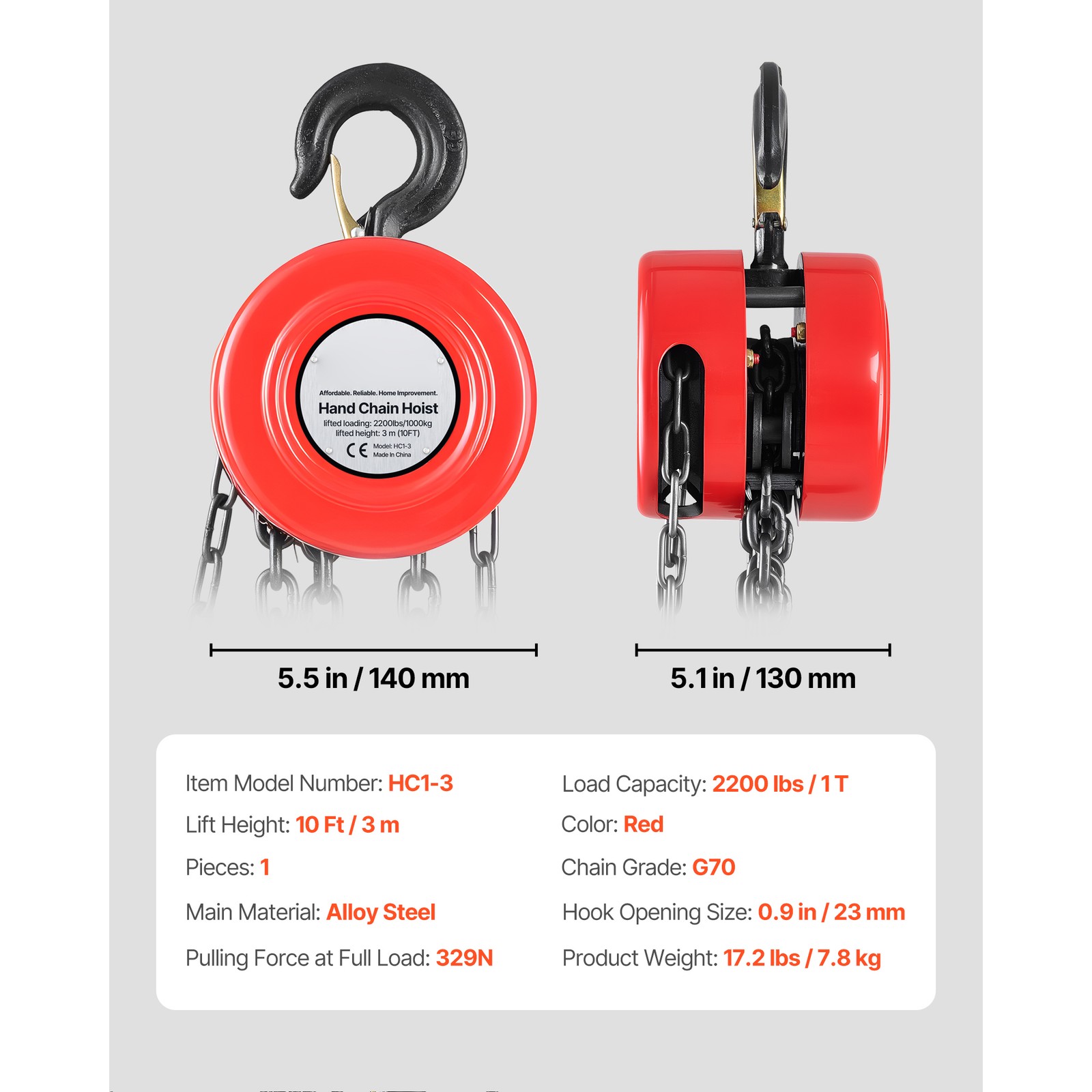 Uimoso Manual Chain Hoist 1 Ton/2Ton Capacity with G70 Chain 8/10/20ft Options