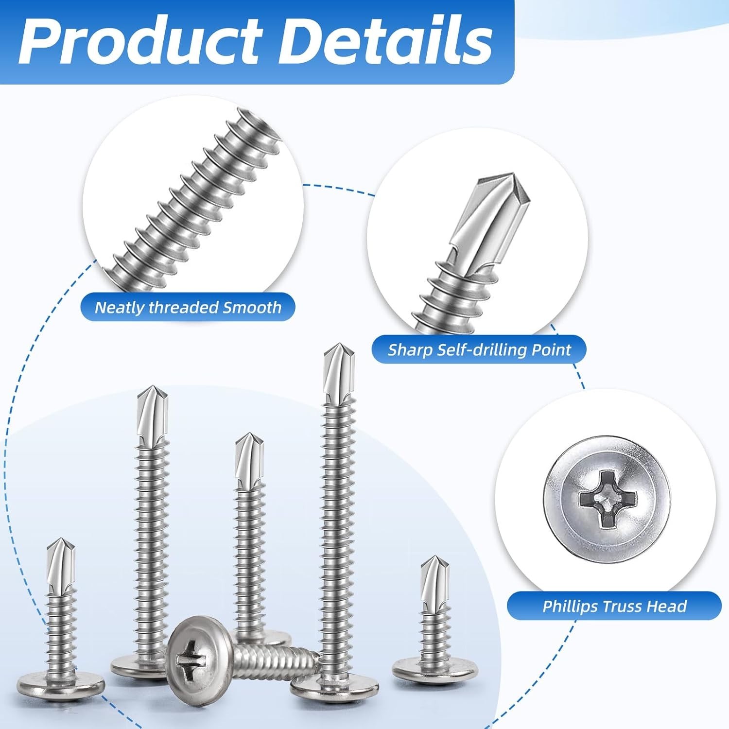 200PCS Sheet Metal Self-Drilling Screws Assortment Kit – #8 Truss Head Stainless