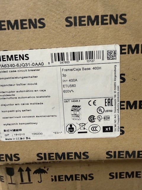 SIEMENS CIRCUIT BREAKER 3VA6340-6JQ31-0AA0 400A 3P 690VAC, 65kA FAULT LSIG