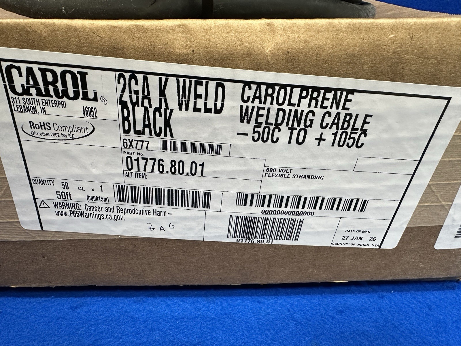 CAROL Welding Cable 2 AWG Conductor Size, Black, 50 ft Lg 01776.80.01