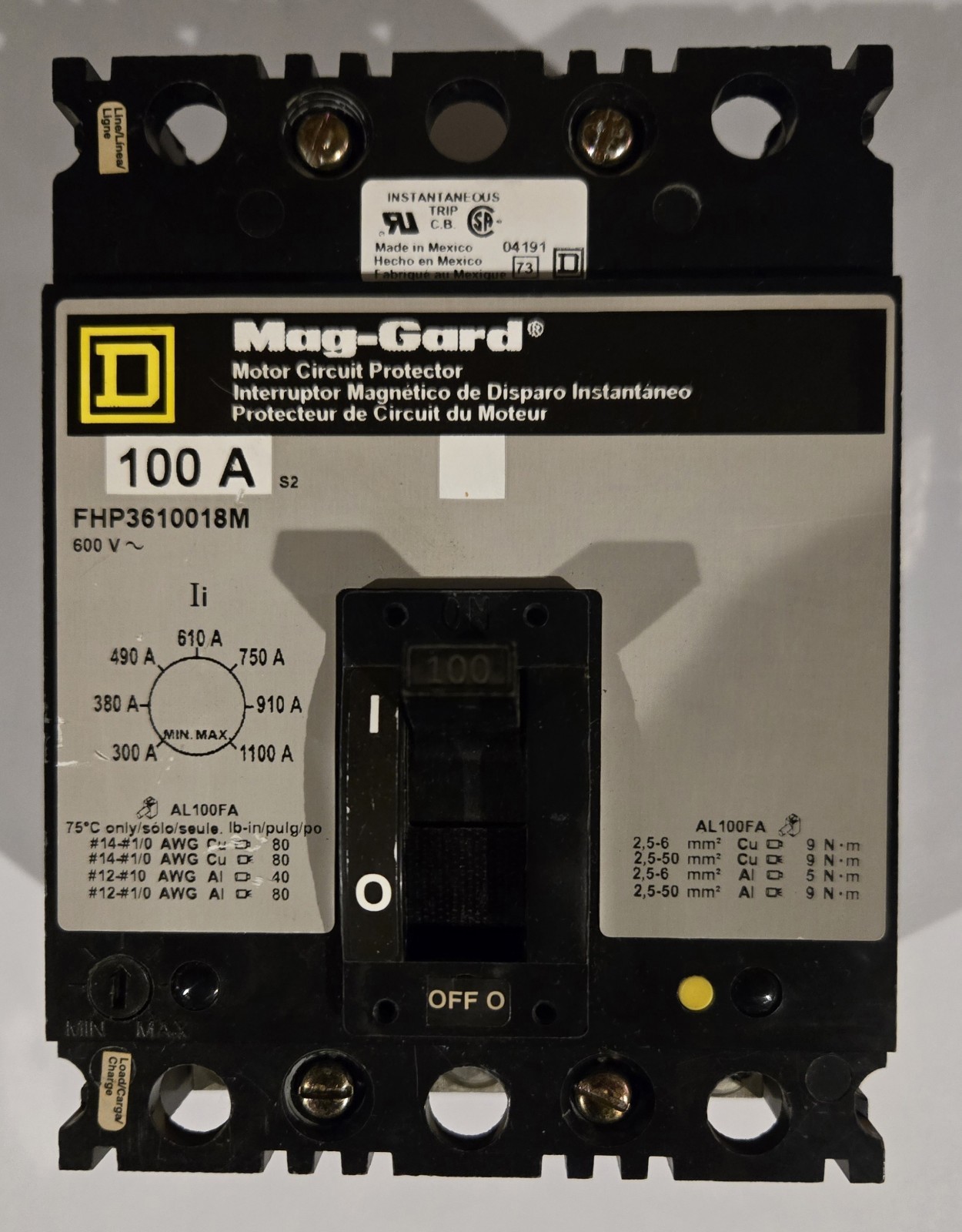 Square D FHP3610018M Mag Guard 100A 600V 3P Motor Circuit Protector With Screws