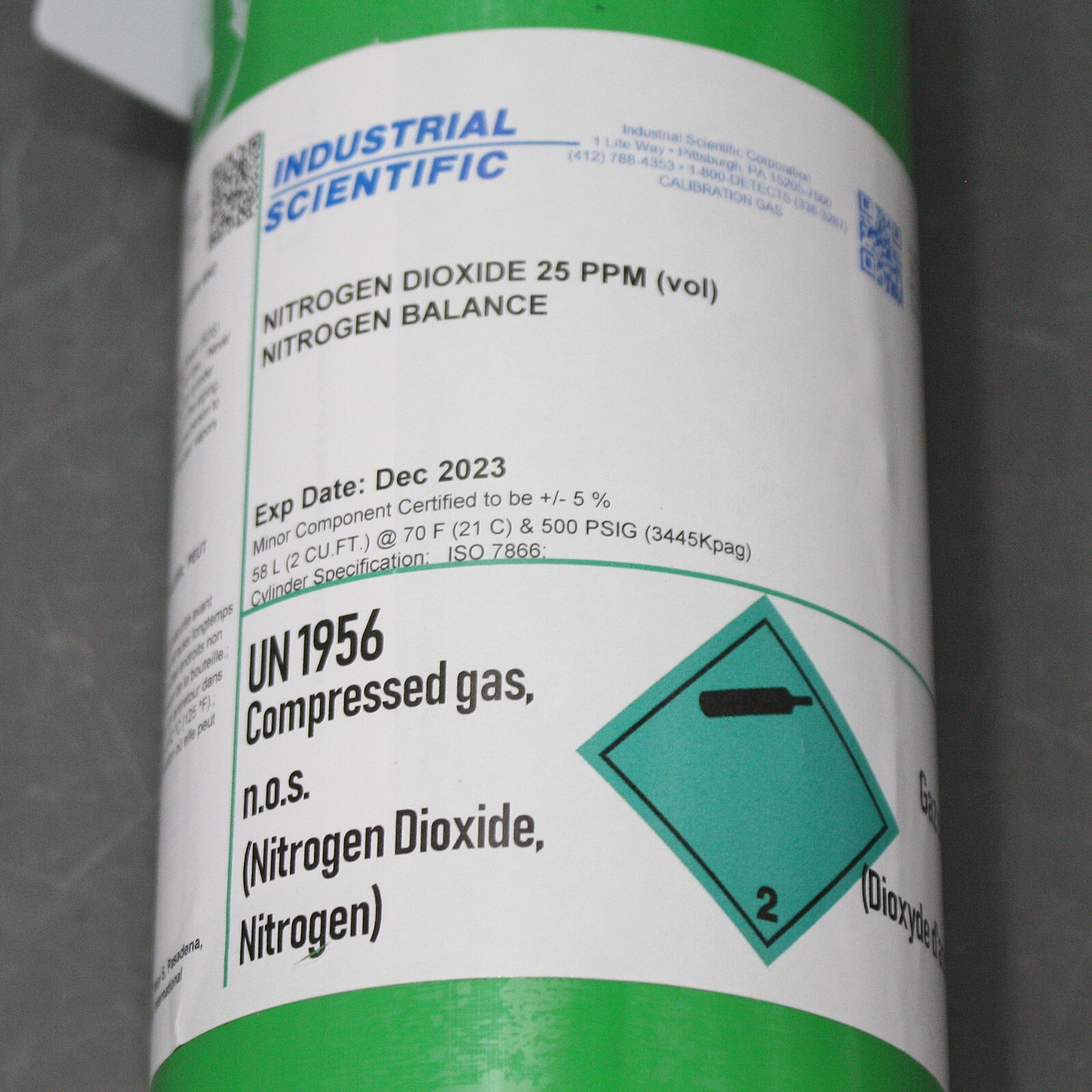 Industrial Scientific NO2 Calibration Gas 18101477, 58L Cylinder, EXP 12/2023