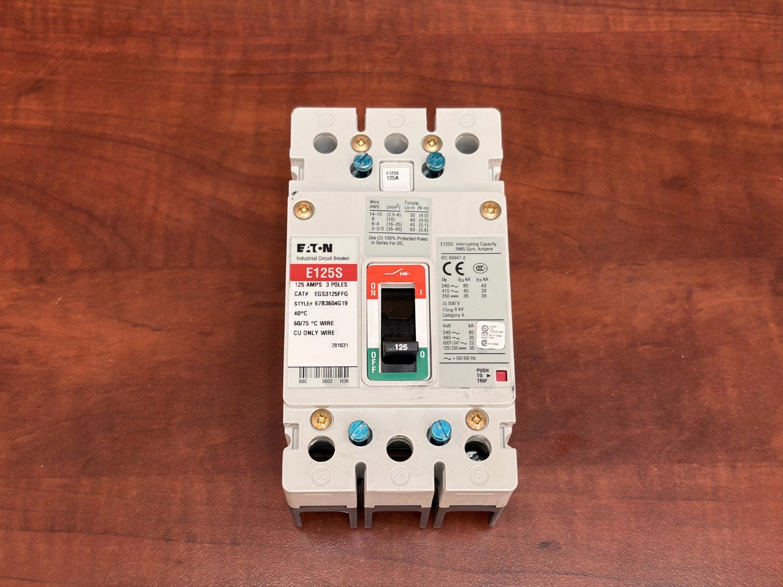 Eaton EGS3125FFG Series G / 125A / 480 VAC / 3 Pole Industrial Circuit Breaker