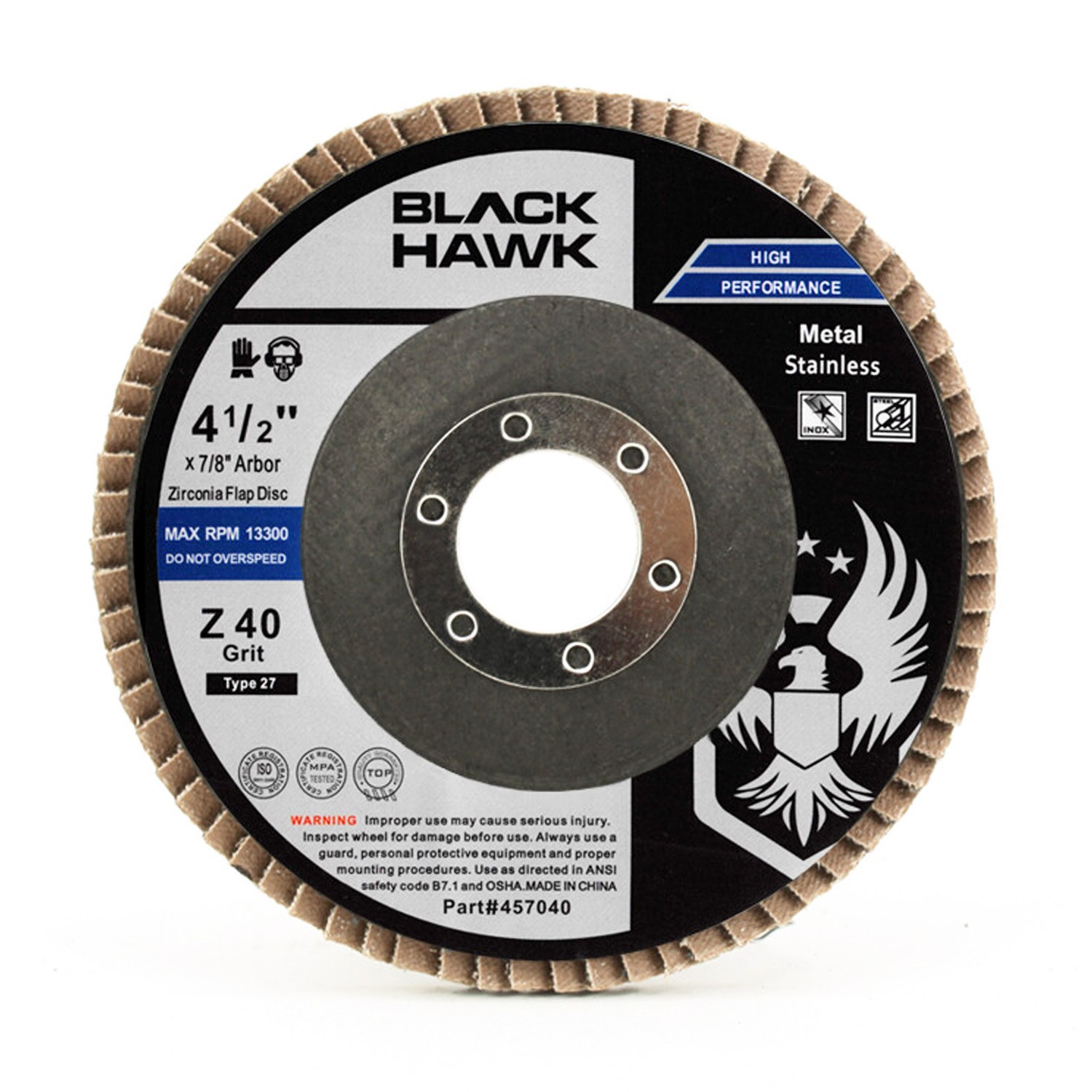 100 Pack 4.5″ x 7/8″ Black Hawk 40 Grit Zirconia Flap Disc Grinding Wheels T27