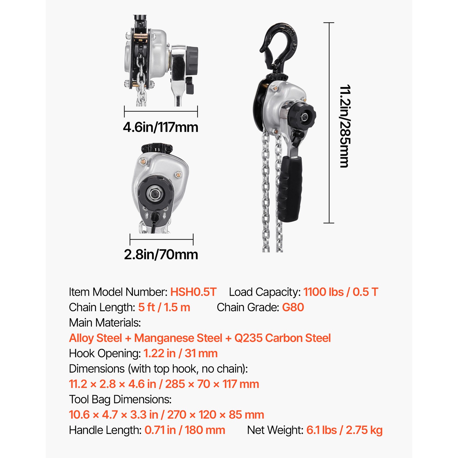 Uimoso Manual Lever Chain Hoist 1/2T 1100lbs 10ft Lift Alloy Steel Storage Use