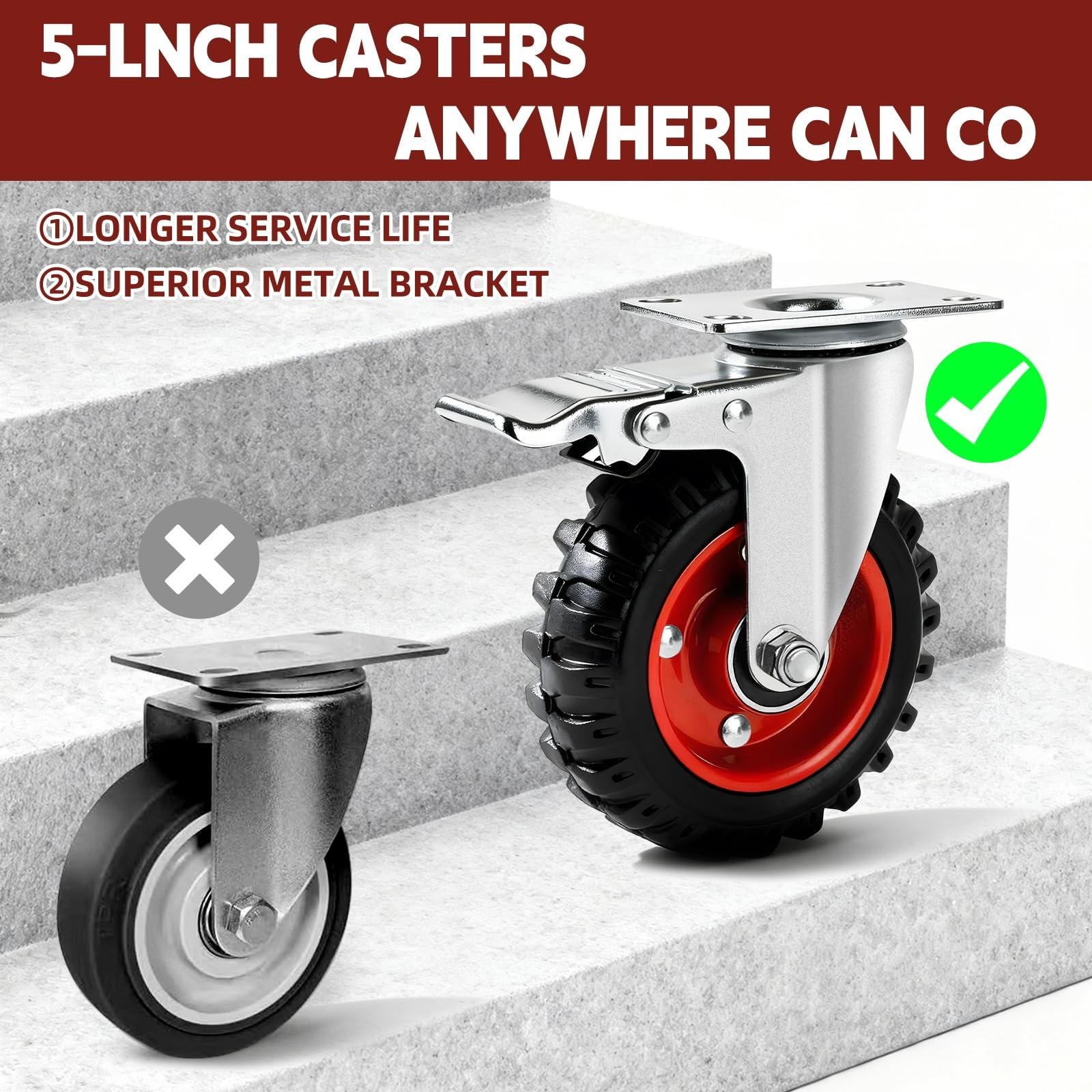 5 Inch Caster Wheels Heavy Duty with Dual-Lock Safety Brake and Rubber Tire W…
