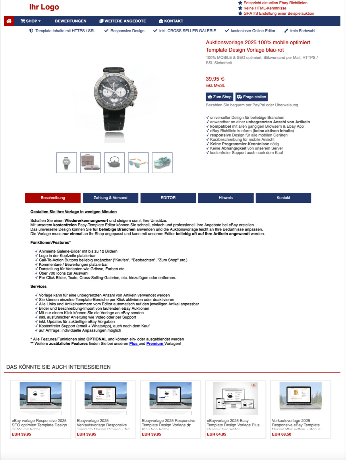 Auktionsvorlage 2024 100% mobile optimiert Template Design Vorlage blau-rot