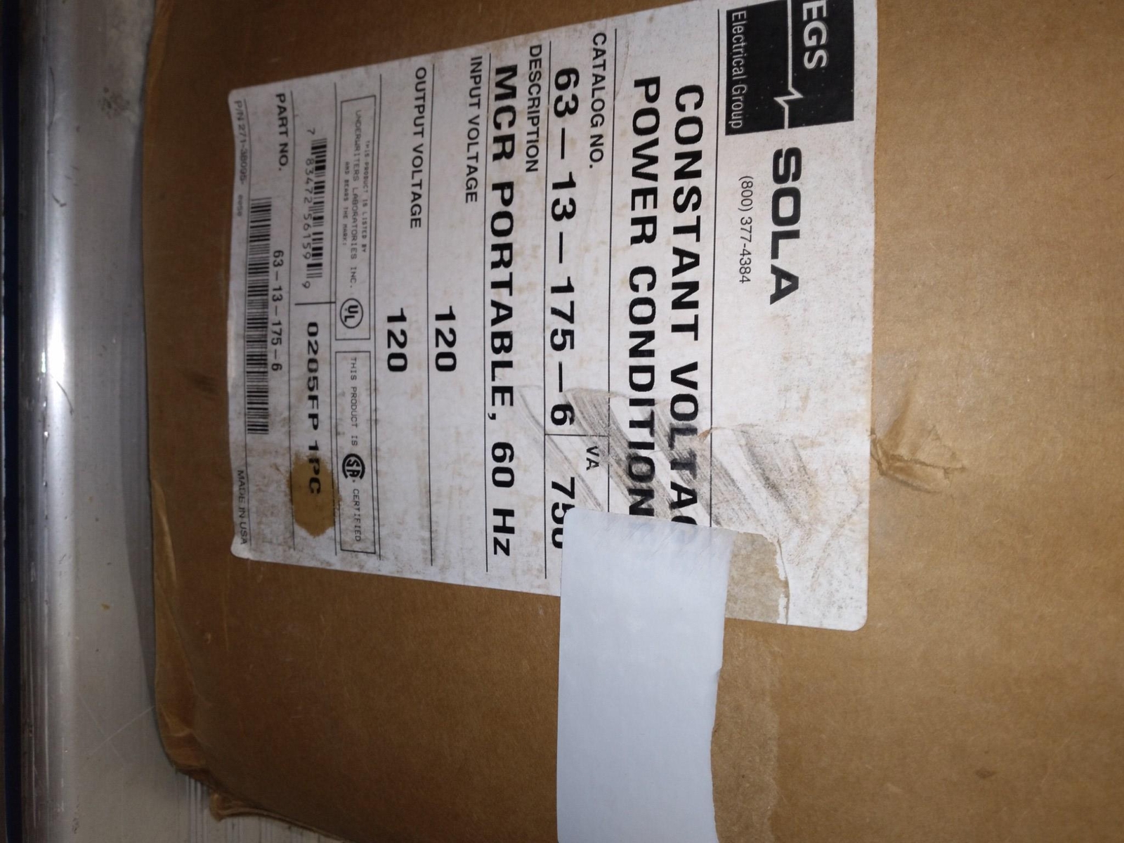EGS SOLA CONSTANT VOLTAGE POWER CONDITION 63-13-175-6 MCR PORTABLE 60HZ 120V