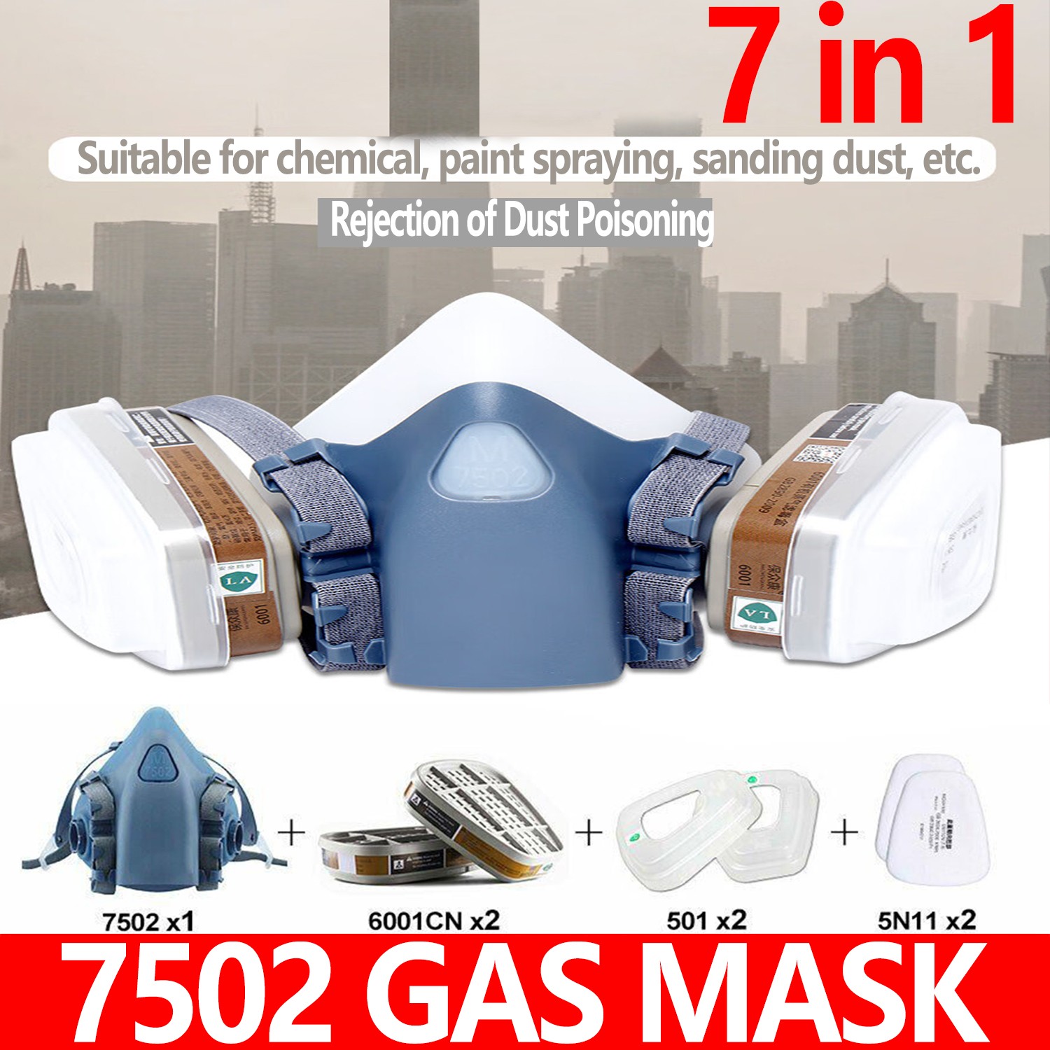 7 in1 7502 Painting Spray Half Face Gas Mask Chemical Epoxy Resin Respirator PPE