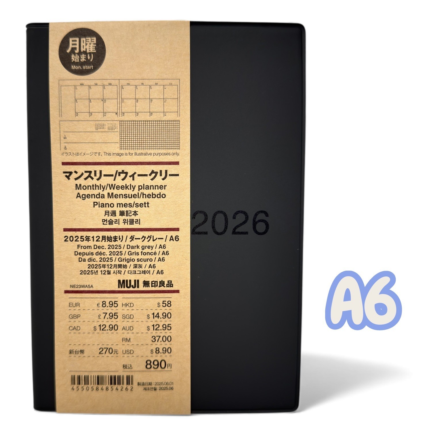 MUJI 2026 Planner – DARK GREY A6 – Mon. Start Monthly Weekly From December 2025