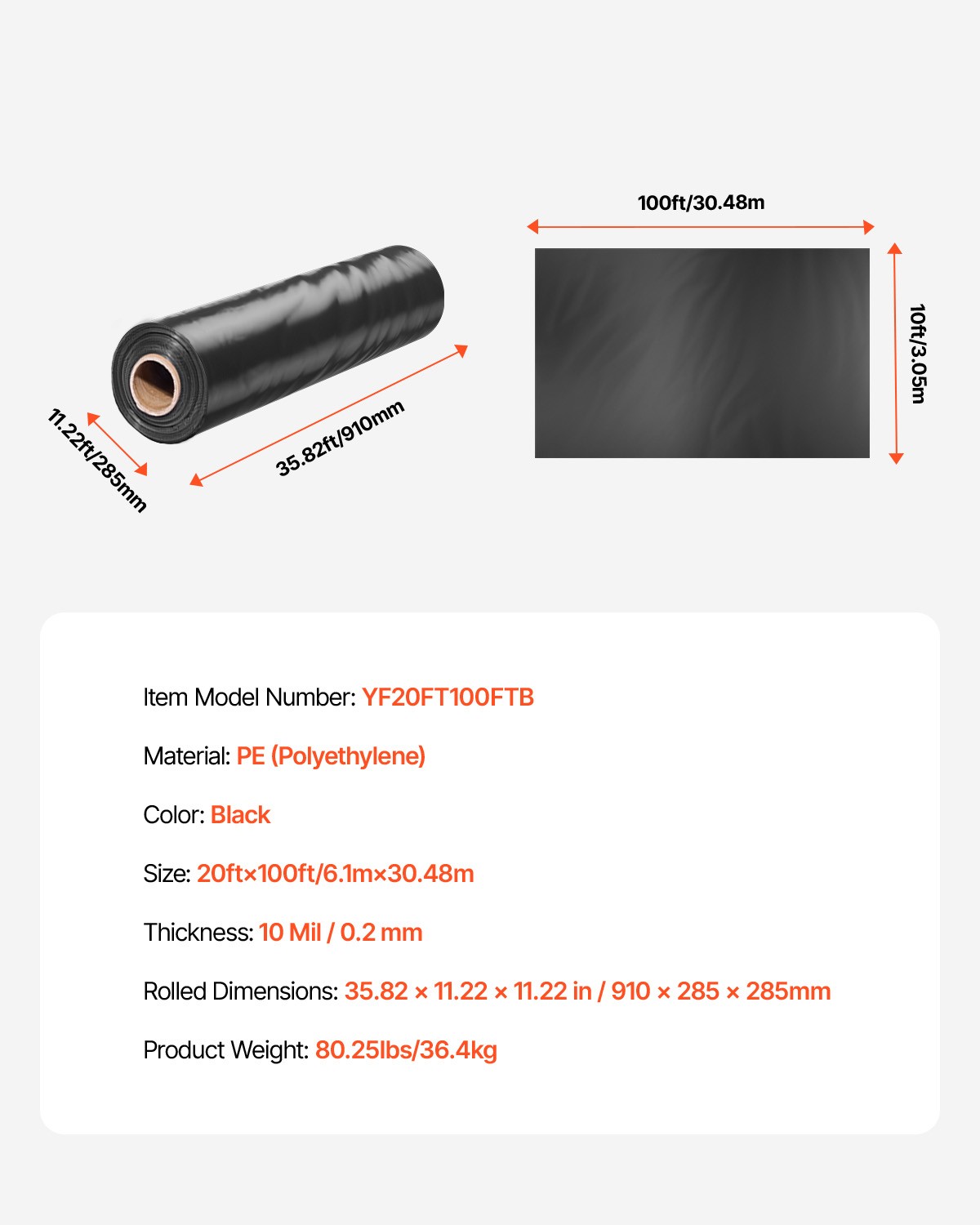 10Mil Plastic Sheeting Roll 20 x 100 FT Heavy Duty Polyethylene Black