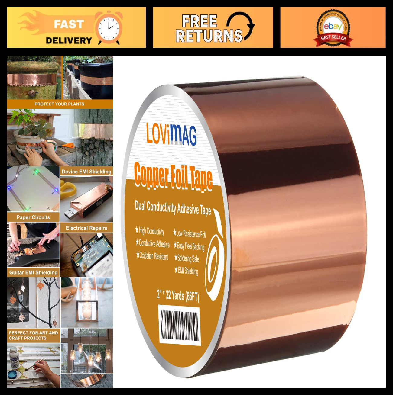 Copper Foil Tape 2″ x 66ft – Conductive Adhesive for Guitar, EMI Shielding, Craf