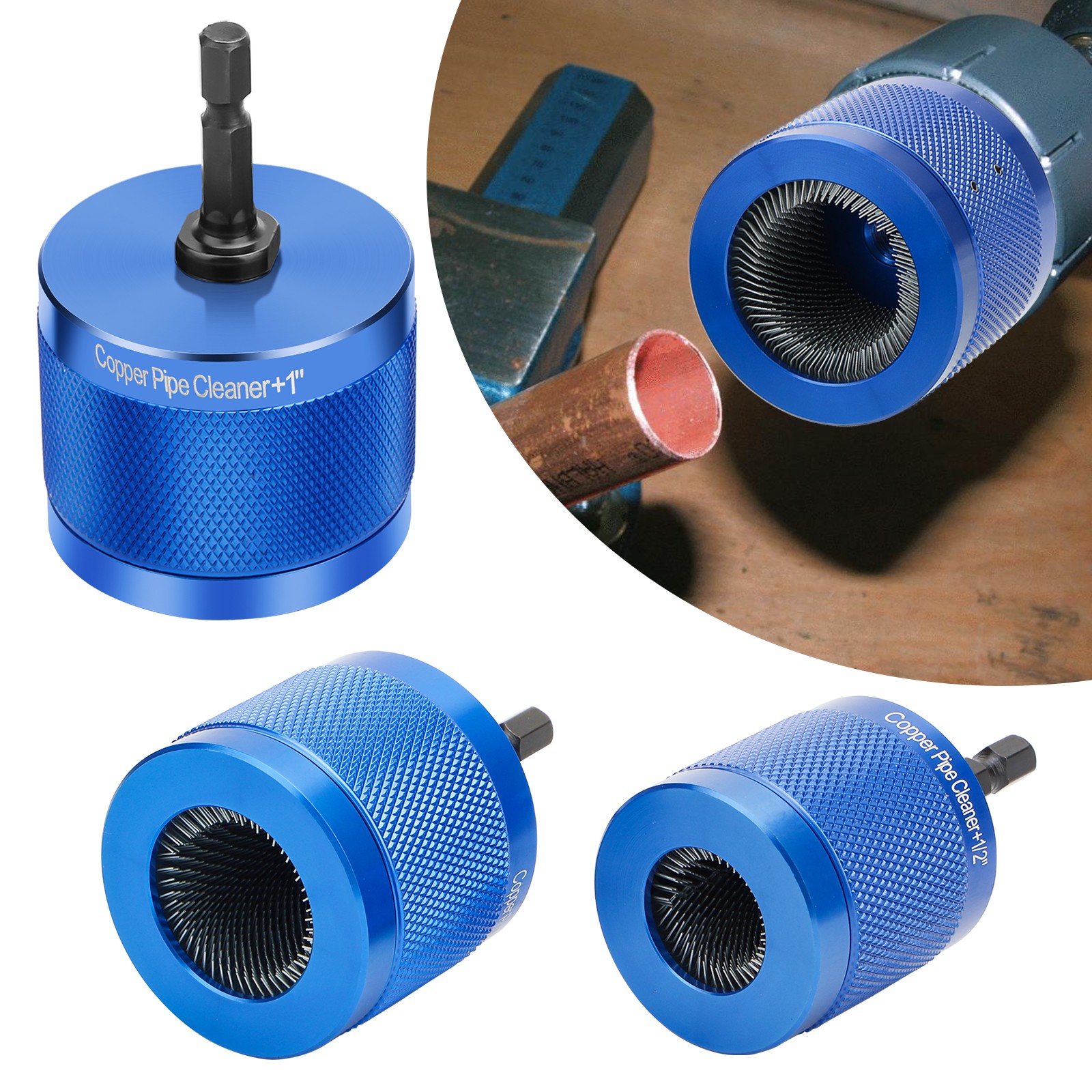 3x Copper Pipe Cleaning Brush Set Drill Attachment 1/2″ 3/4″ 1″ w/ 1/4″Hex Shank
