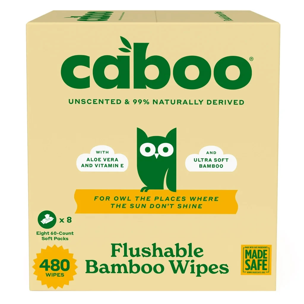 Caboo Unscented Flushable Bamboo Wipes, Hypoallergenic, 8 Packs, 480 Wipes NEW