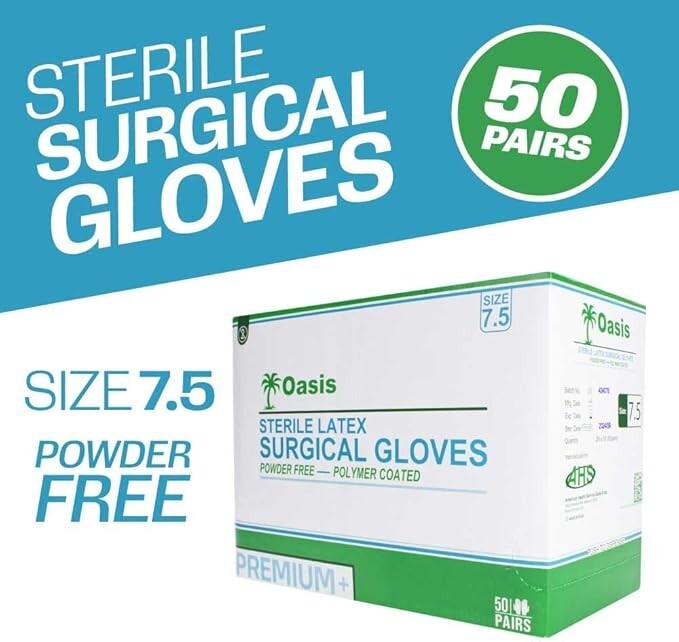 Sterile Latex Surgical Gloves, Size 7.5, Powder-Free, 50 Pairs/Box
