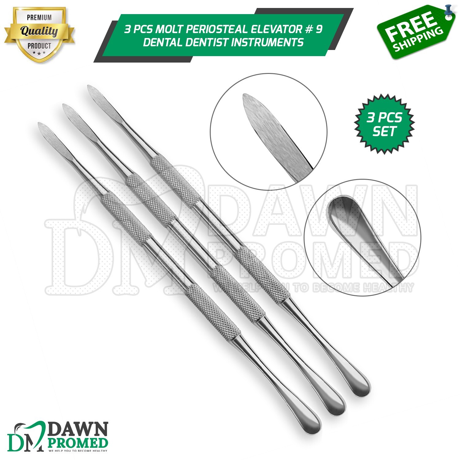 3 Pcs Molt Periosteal Elevator #9 Double Ended Allen Dental Instrument German Gr