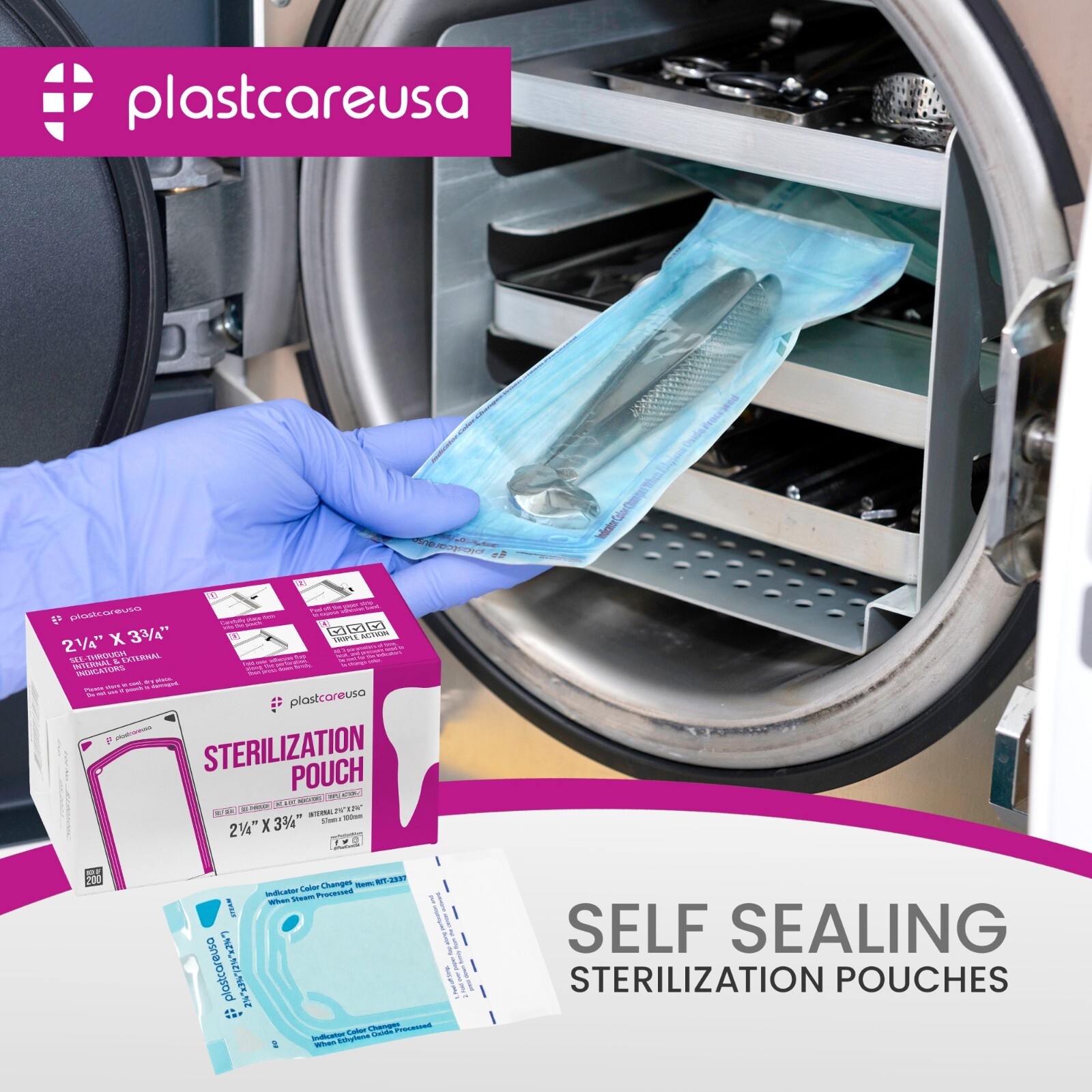 2.25″ x 2.75″ Self-Sealing Sterilization Pouches for Autoclave (1 Box of 200)