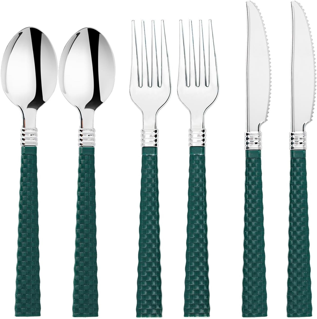 90pcs Silver and Green Disposable Silverware Set, Elegant Plastic Silverware