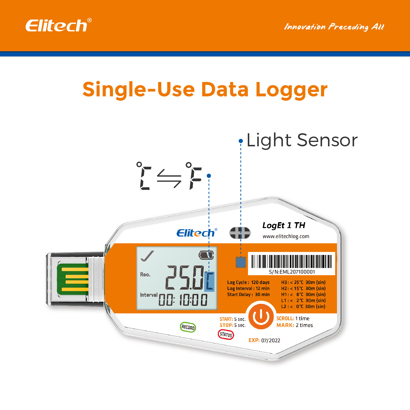 Elitech LogEt 1 TH Temperature & Humidity Data Logger Single Use PDF Report USB