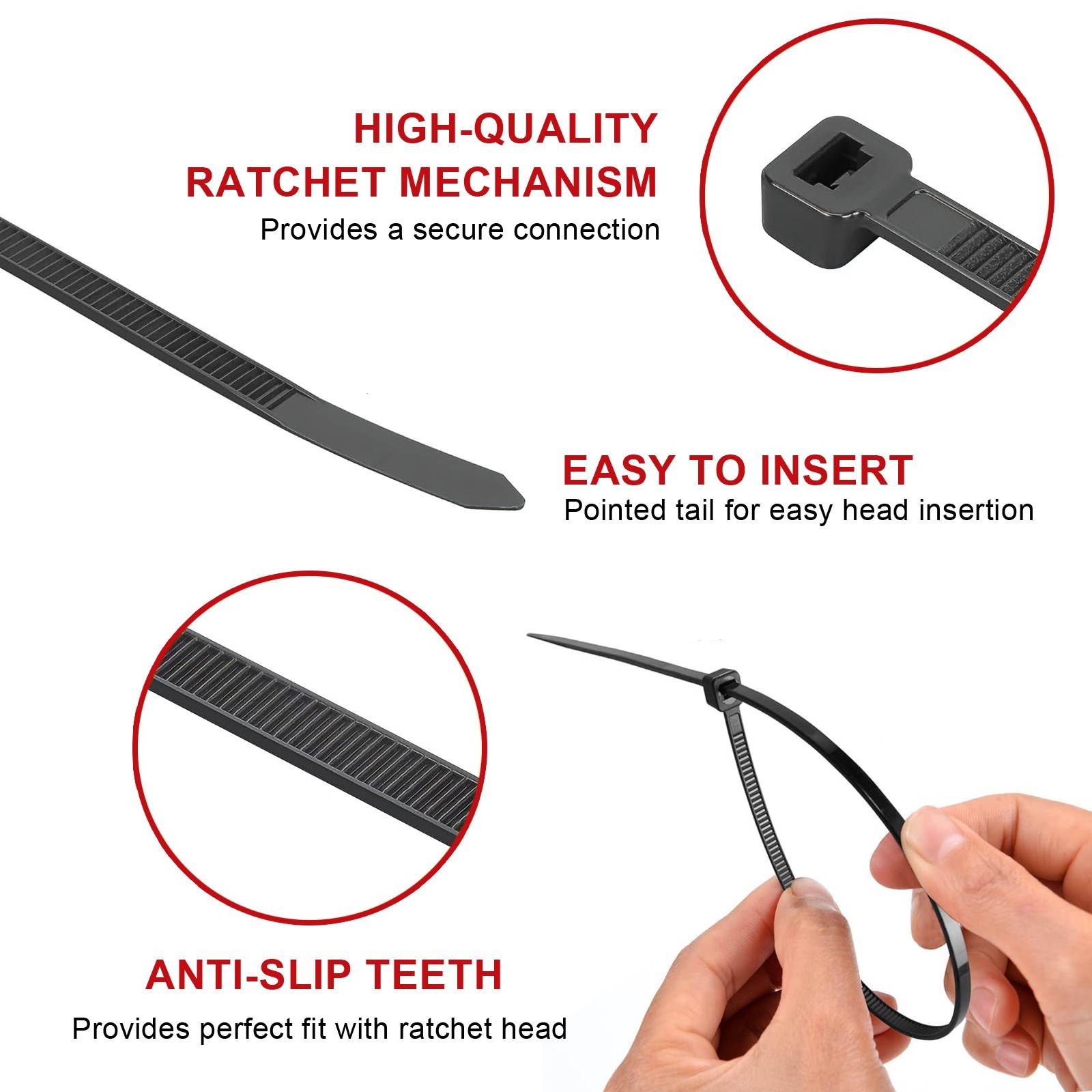 Zip Cable Ties Assorted Sizes(4”+6”+8”+12”) Heavy Duty Nylon Black UV Resistant