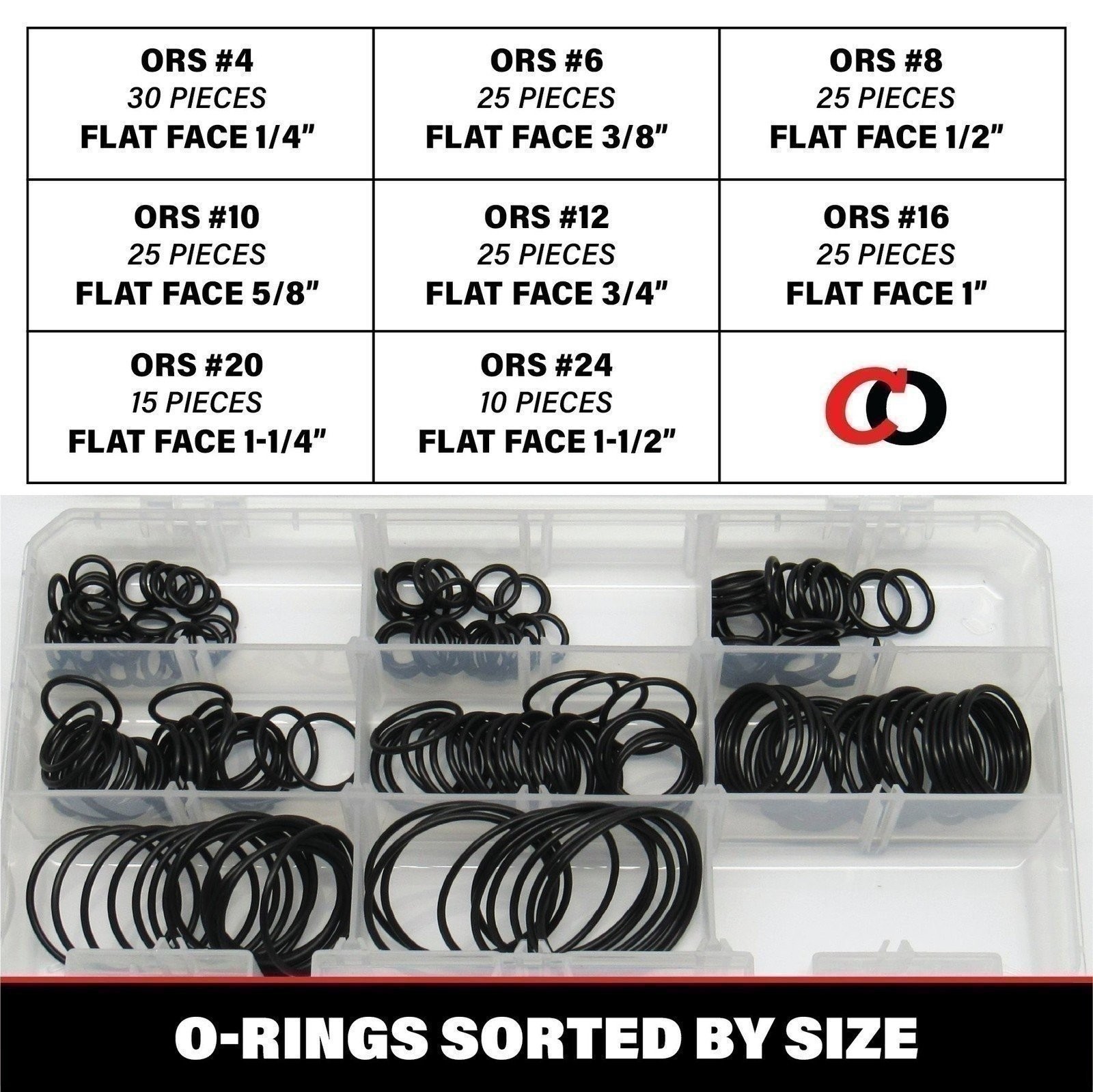 Captain O-Ring ORS/ORFS Flat Face Hydraulic Oring Seal Kit (180pc, Buna 90)
