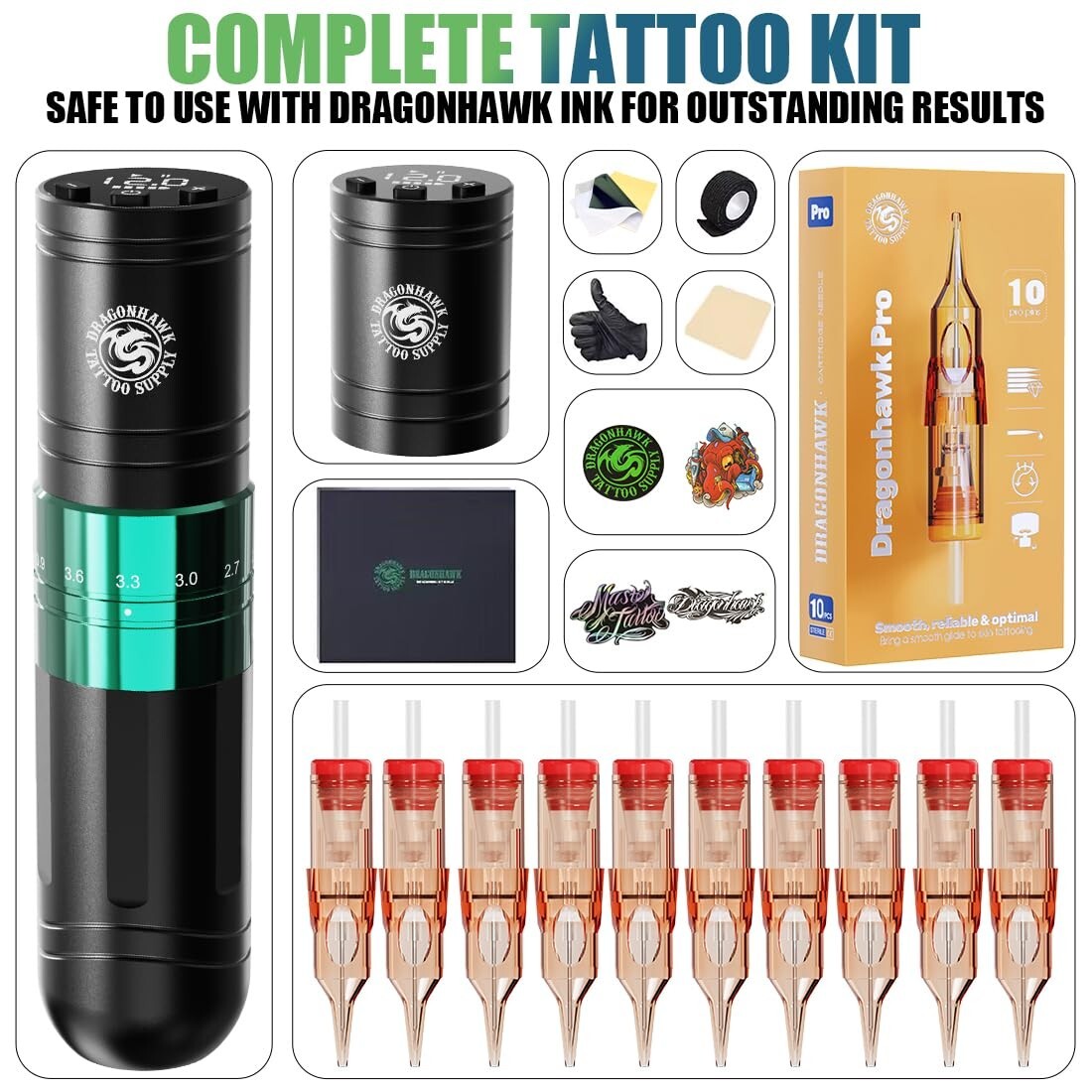 Dragonhawk A2 Wireless Tattoo Pen Kit with 2 Batteries Adjustable Stroke 2.4-4.2