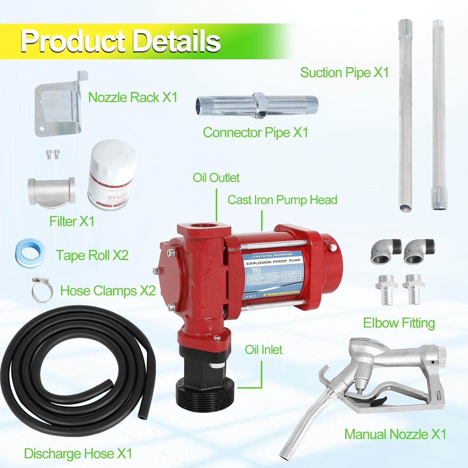 12V DC fuel transfer pump Red w/ Nozzle Kit for Gasoline Diesel 15GPM