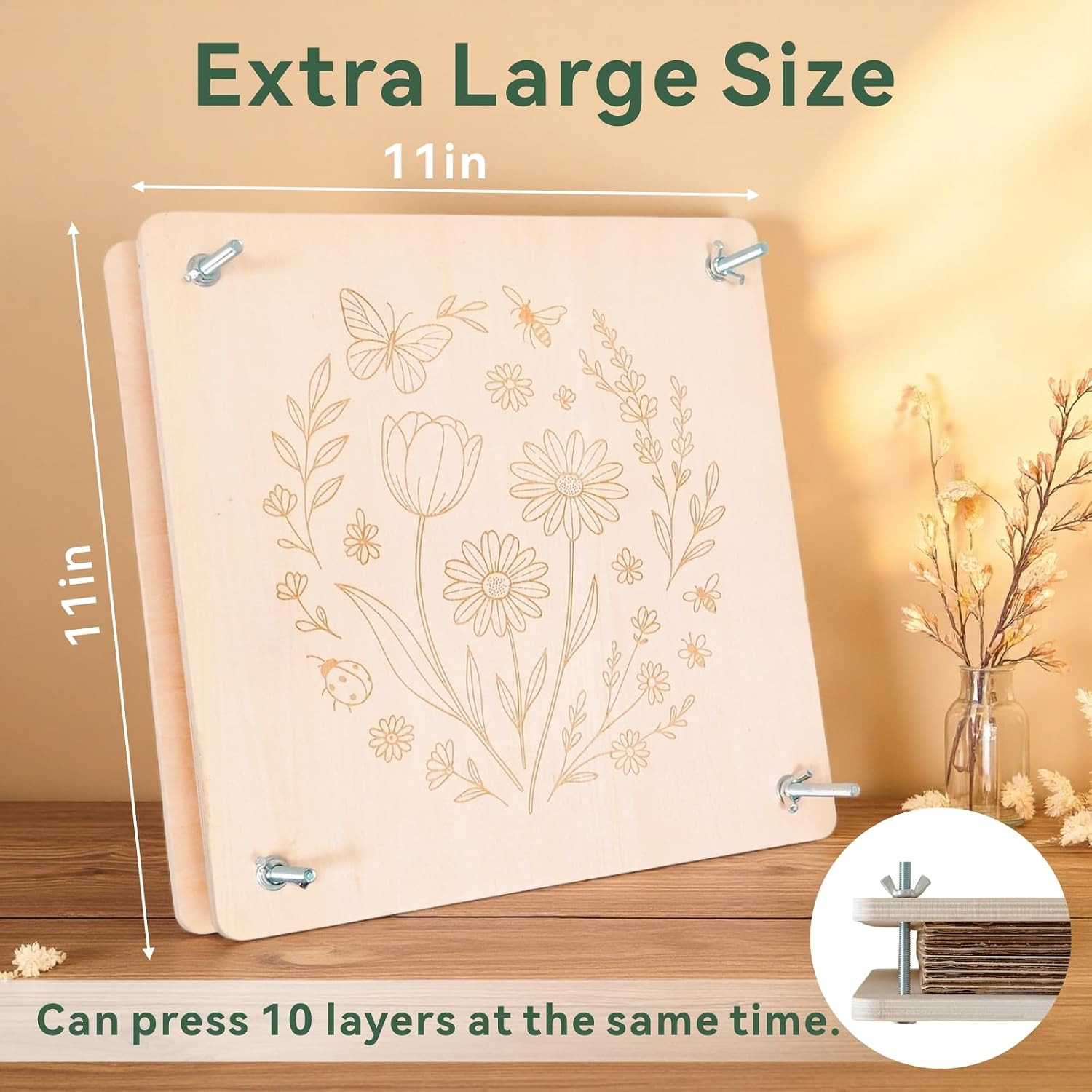 Flower Press Kit for Adults, 11″ X 11″ Large Wooden 10-Layer Press for DIY Flora